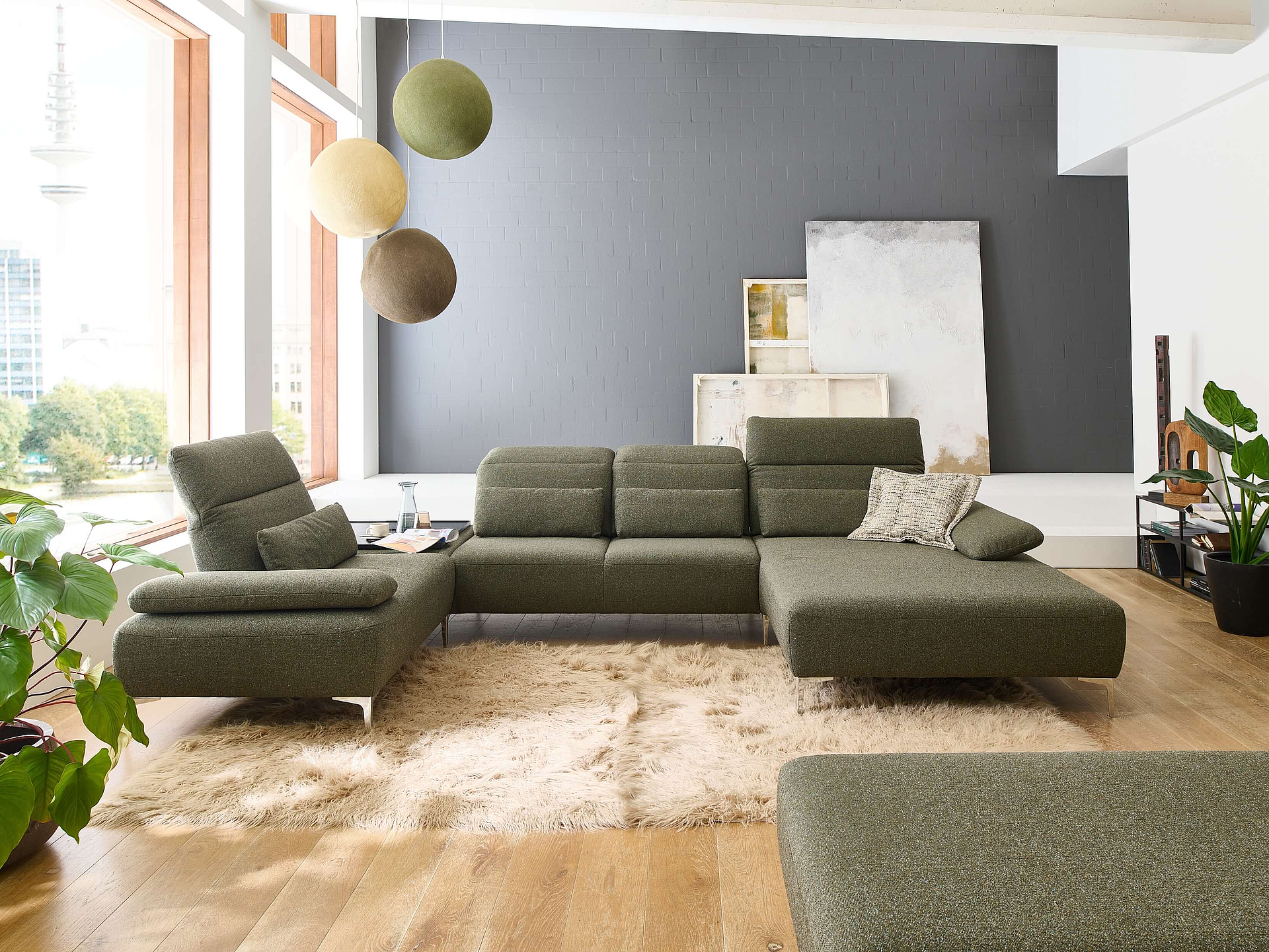 Wohnlandschaft in Bezug Salt'n'Pepper in der Farbe Green in Wohnambiente