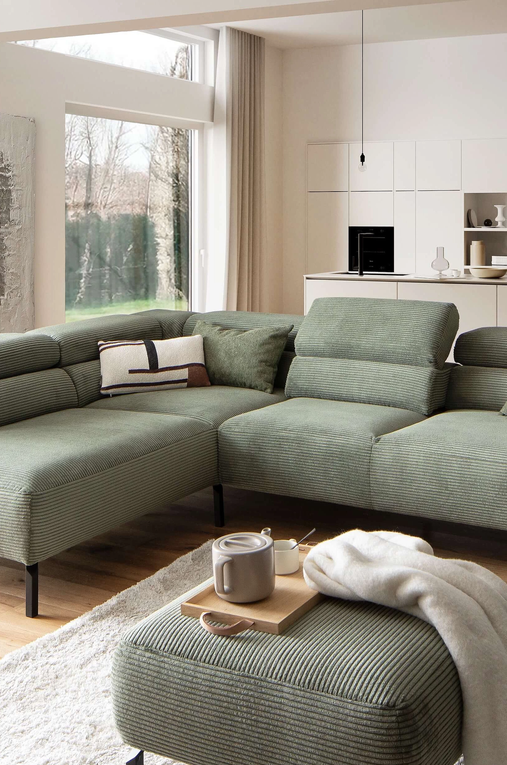 Ecksofa Spring Move in Bezug Cord in der Farbe Turtle in Wohnambiente