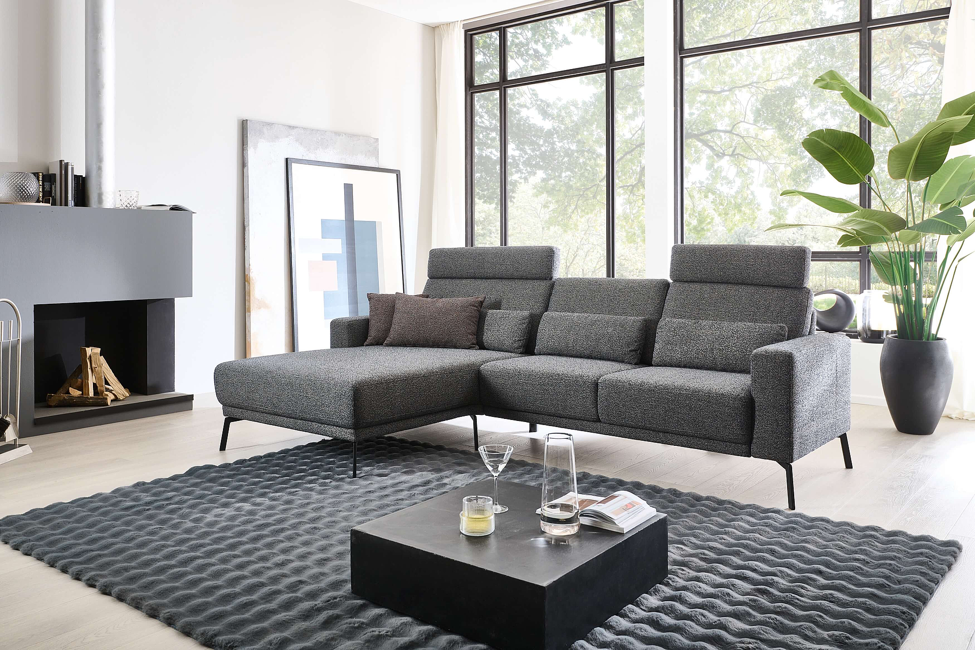 Ecksofa 1101 in Bezug Salt'n'Pepper in der Farbe Steel Grey in Wohnambiente