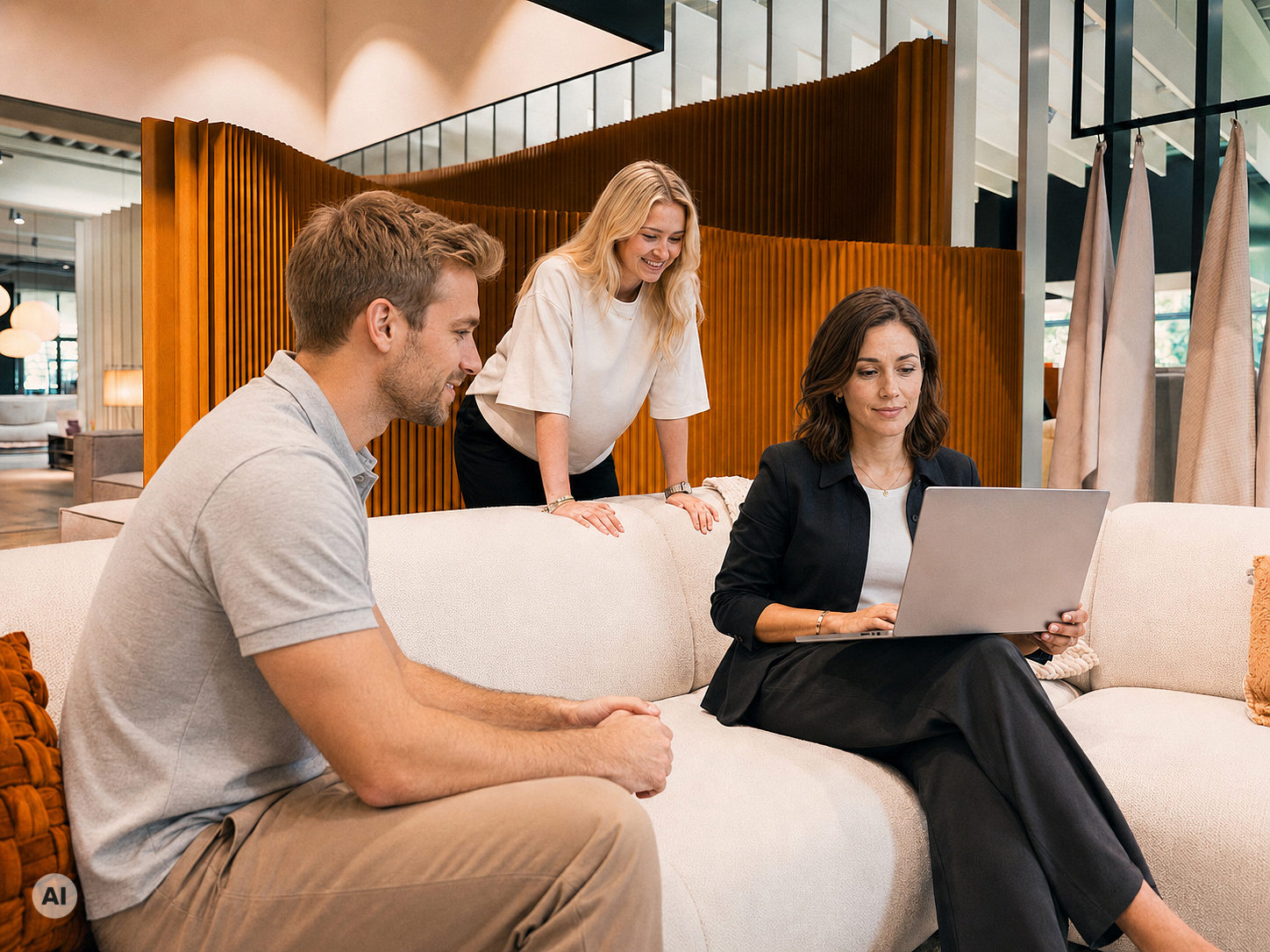 Personen auf einem hellen Ecksofa im Showroom