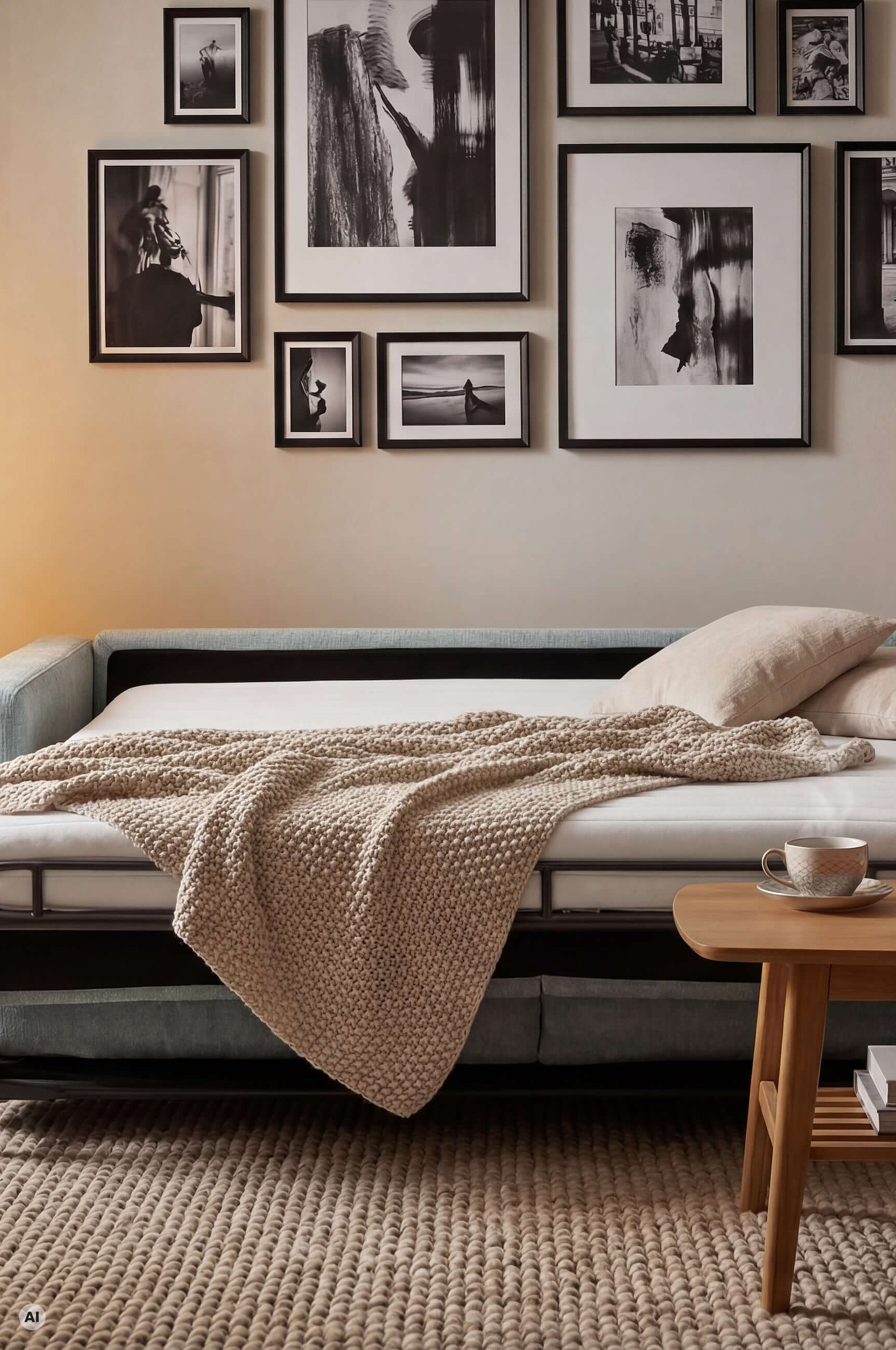 Schlafsofa All Round 2.0 in Bezug Famous in der Farbe Sage mit Schlaffunktion in Wohnambiente