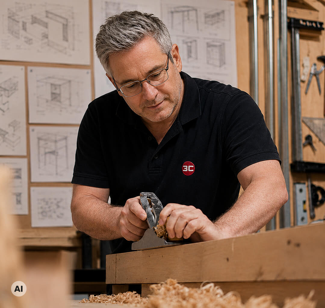 Woodworking with a hand plane in front of a wall covered with furniture sketches
