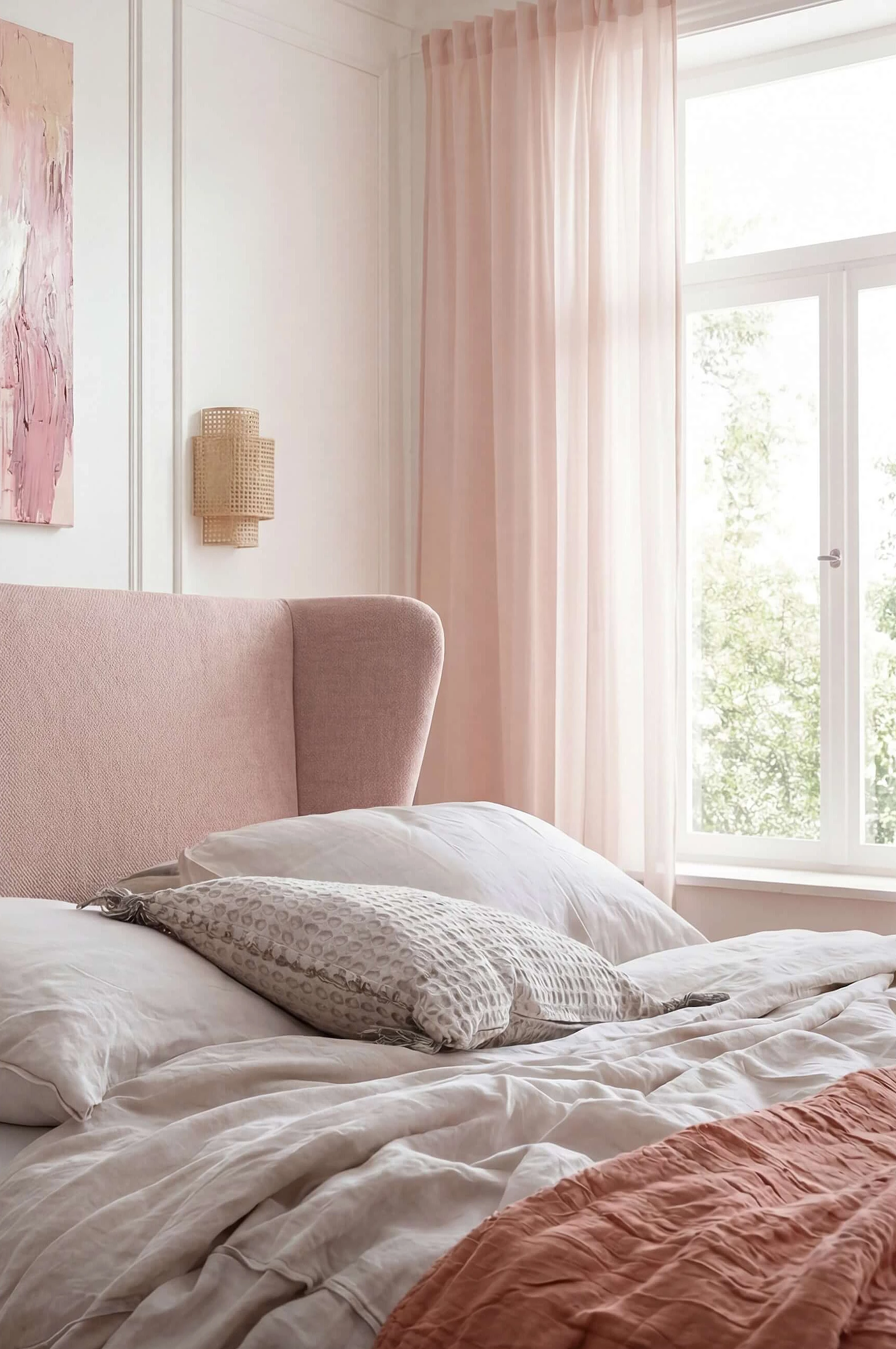 Linn double bed with Novara-Clean cover in pink, close-up of the headboard
