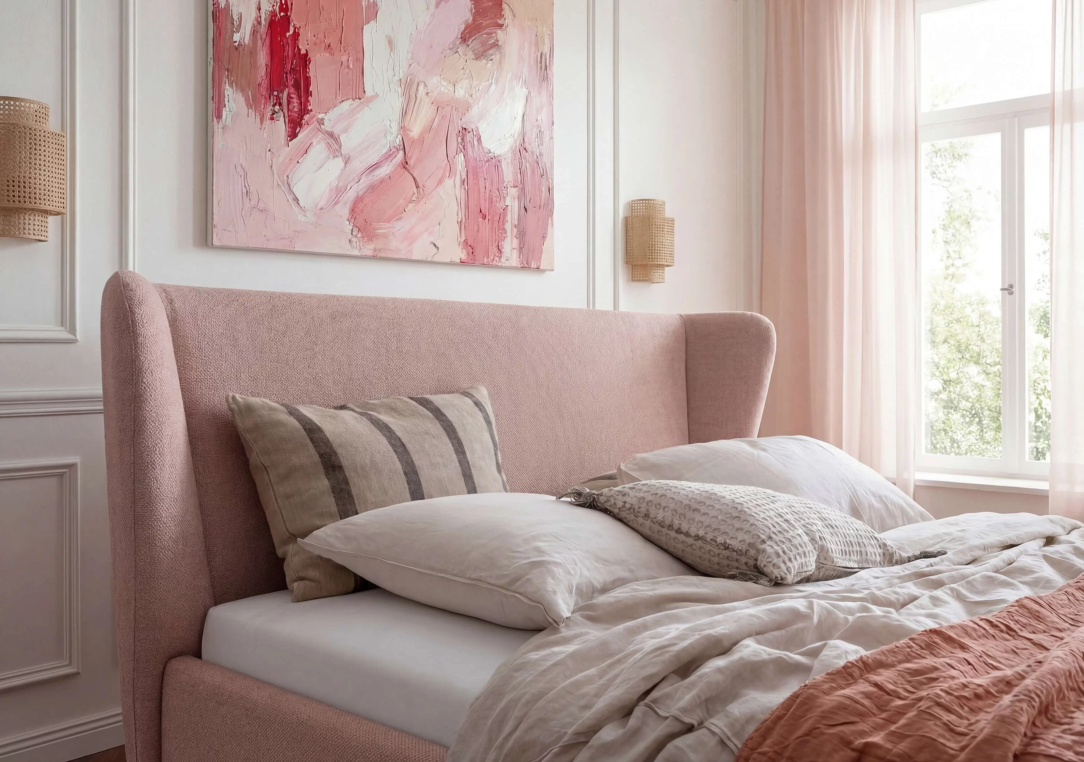 Doppelbett Linn in Bezug Novara-Clean in der Farbe Rosa, Detailaufnahme des Kopfteils