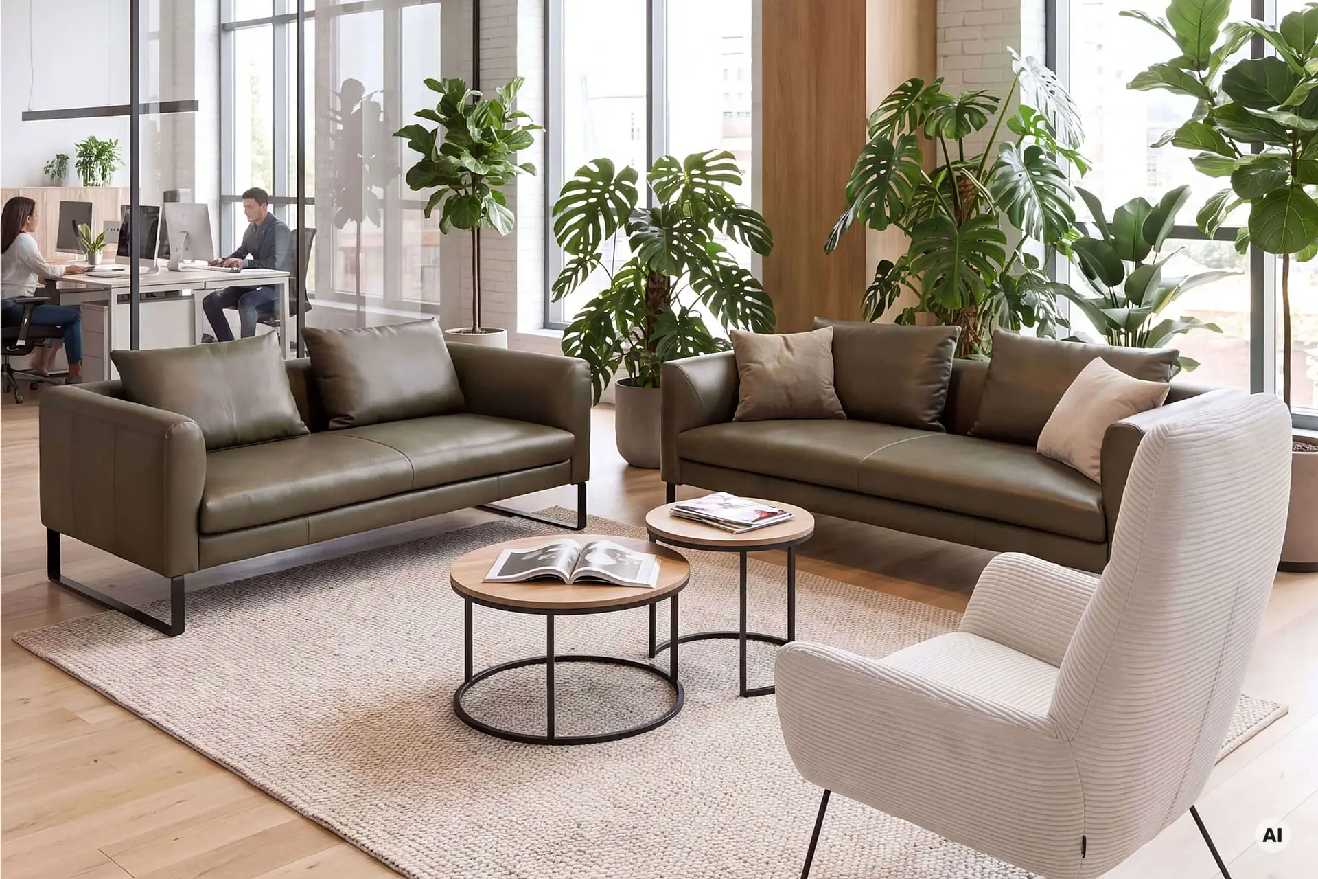 Avola single sofa and Basic armchair in a bright, open-plan workspace