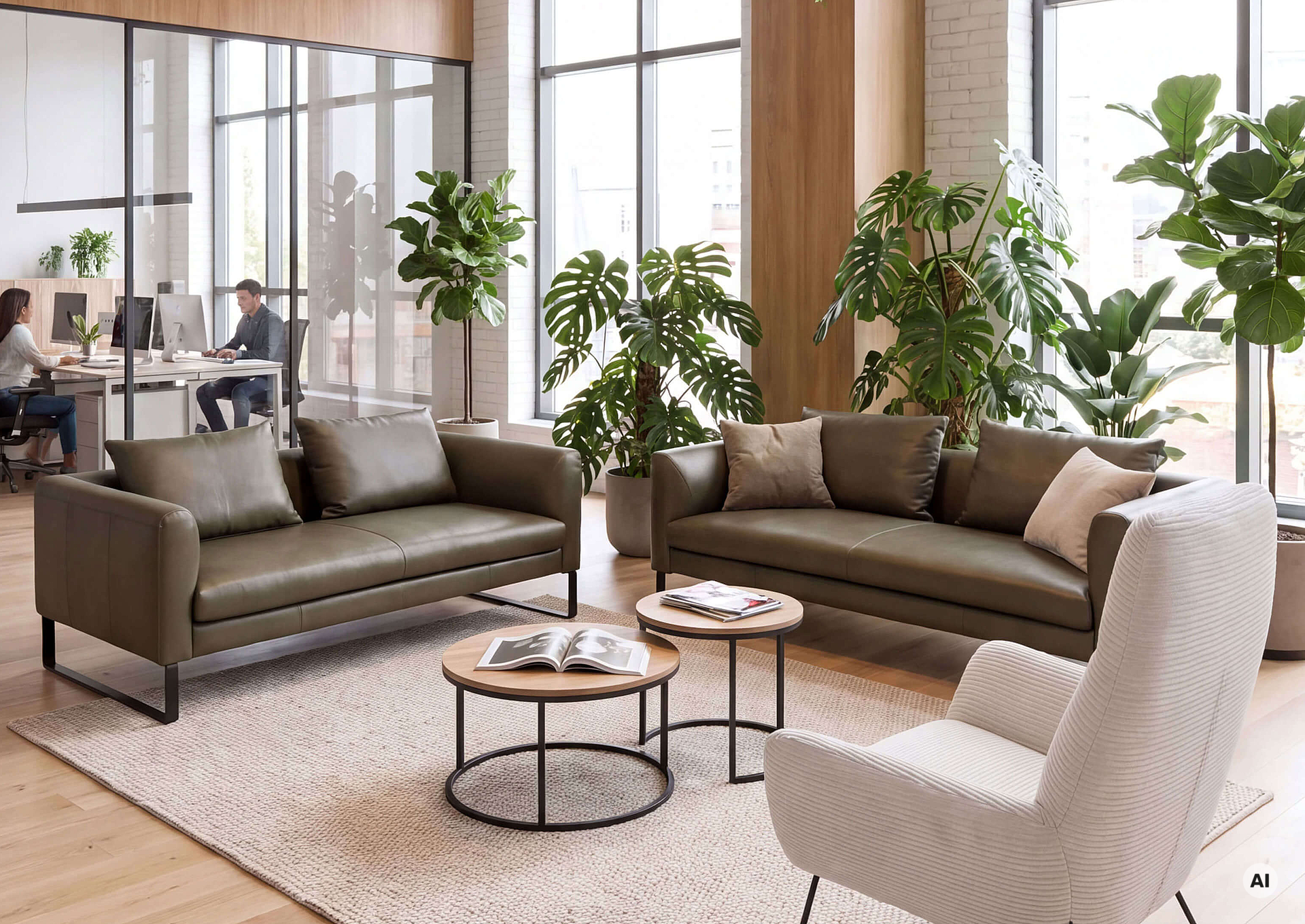 Einzelsofa Avola und Sessel Basic in einem hellen, offenen Workspace