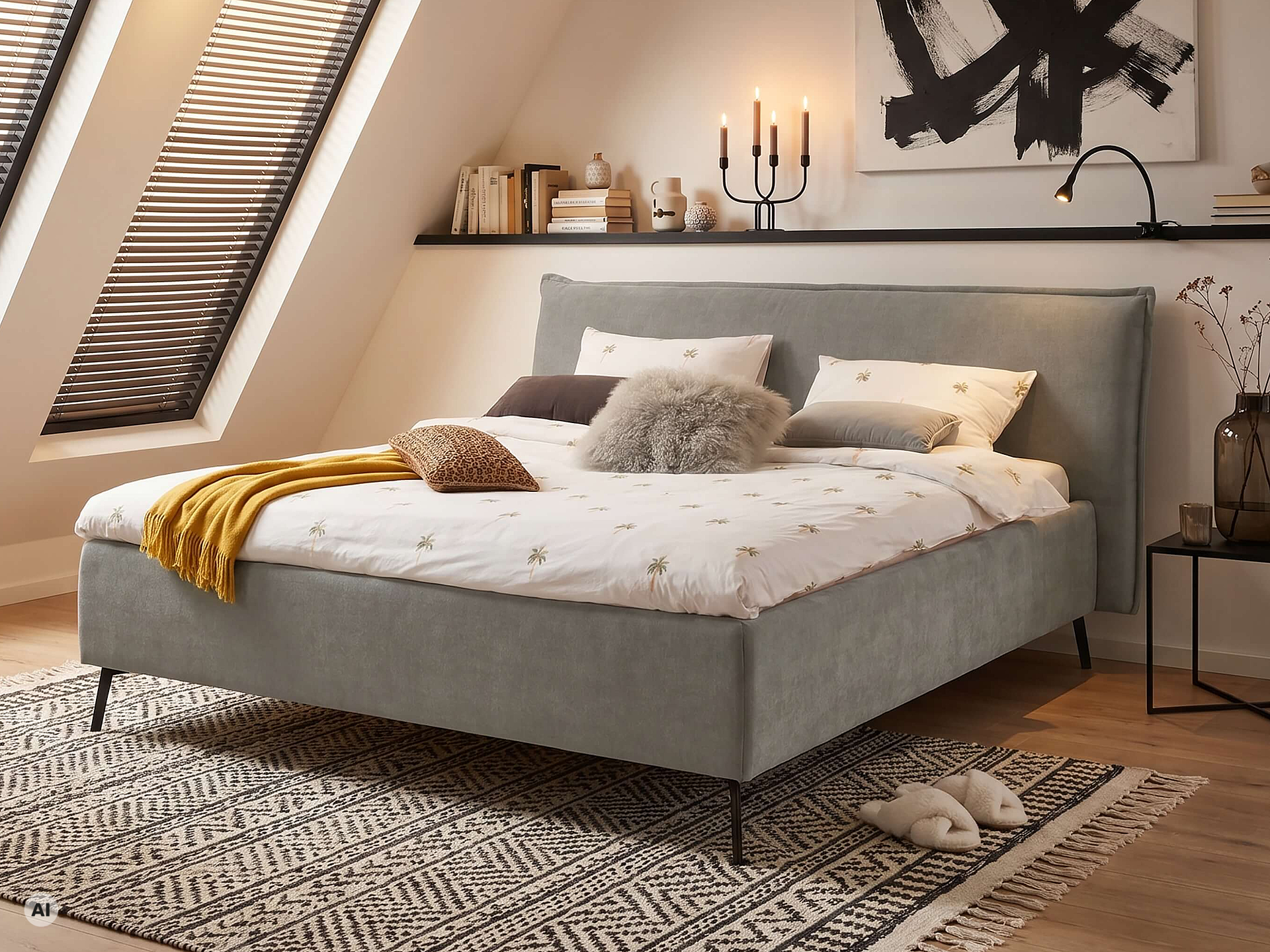 Doppelbett Ilva in Bezug Yelda in der Farbe Hellgrau in Wohnambiente