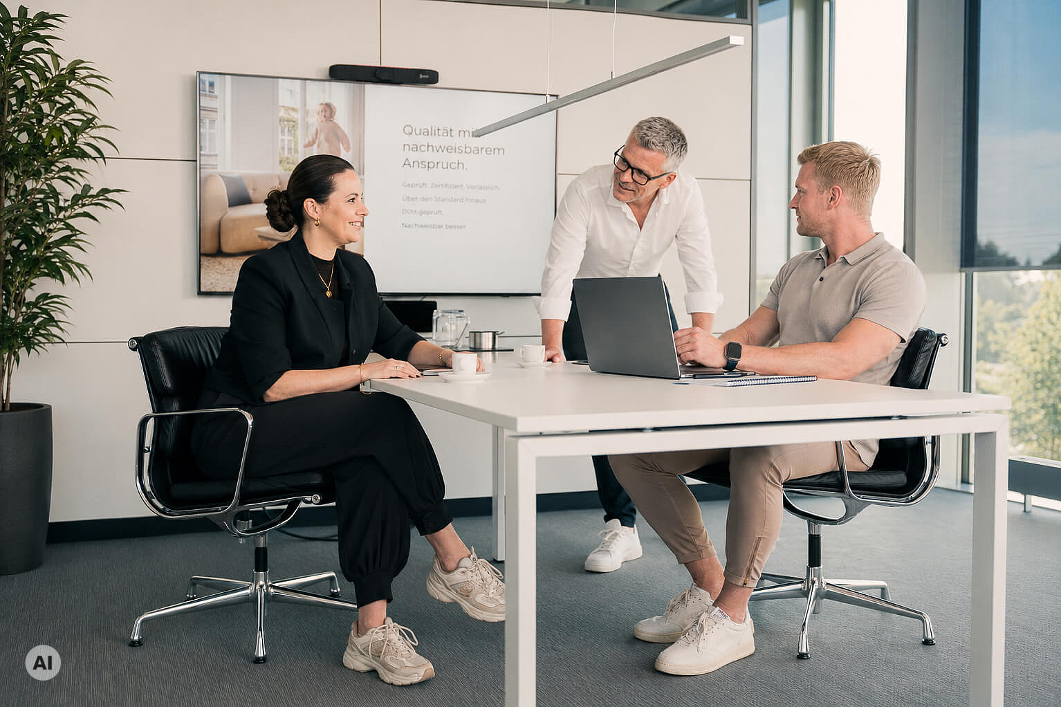 Team im Meeting an einem Besprechungstisch mit Laptop