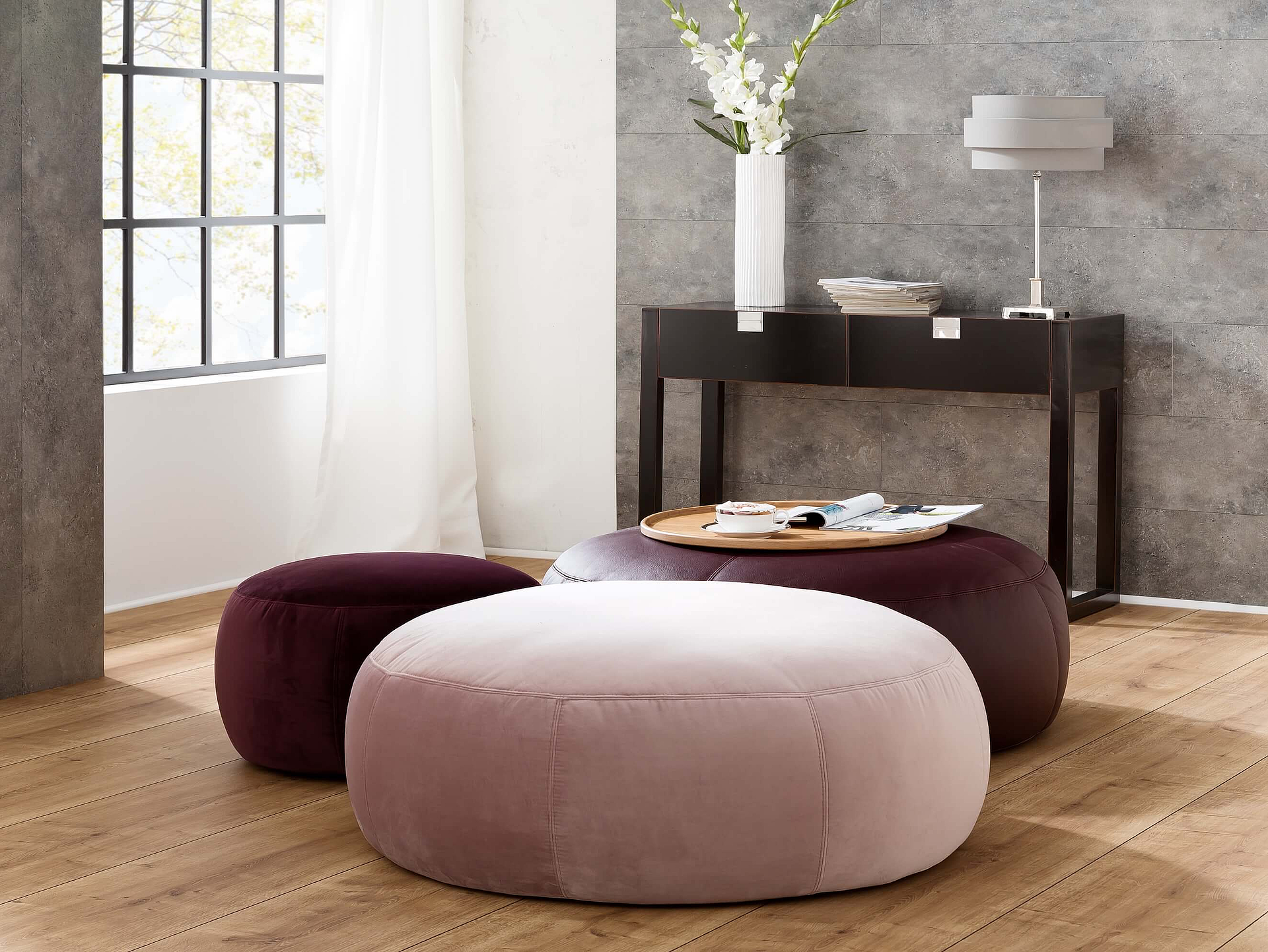 Stools upholstered in Velvet and Life Line in the colours Rosewood Purple and Bordeaux