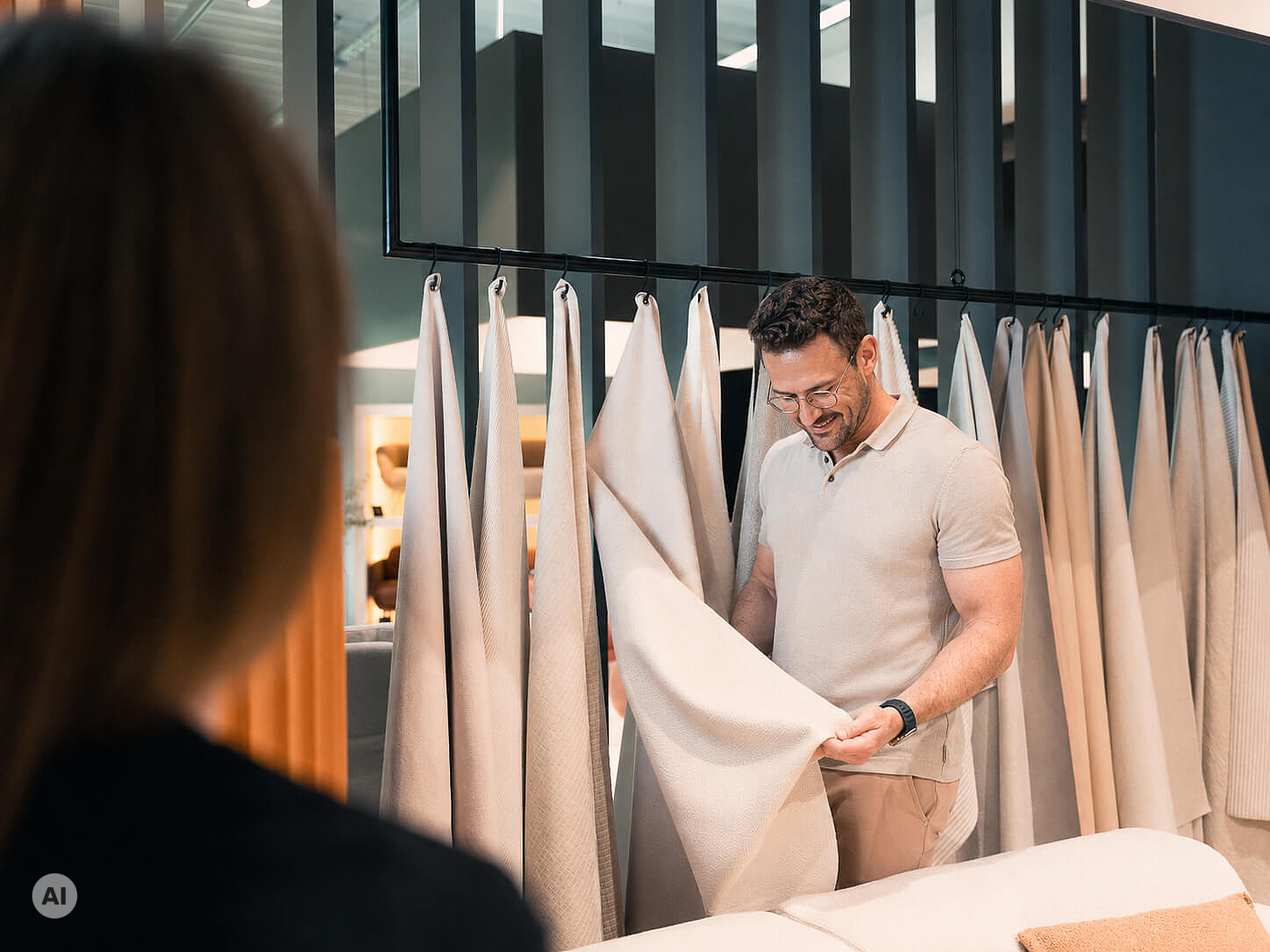 Person schaut sich im Showroom Stoffmuster an