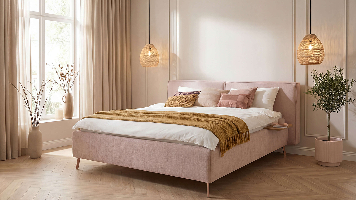 Doppelbett Kelso in Bezug Novara Clean in der Farbe Rosa in Wohnambiente