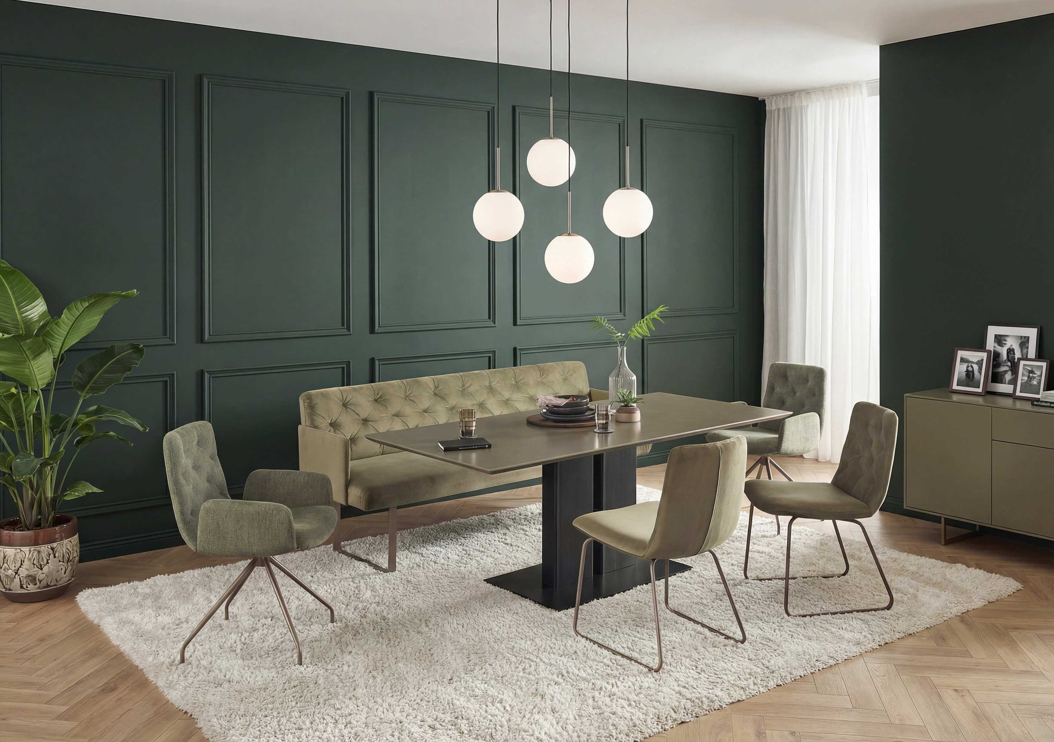 Sixty 2.0 bench and chair in the Velvet olive and Famous turtle upholstery finishes in a cosy atmosphere