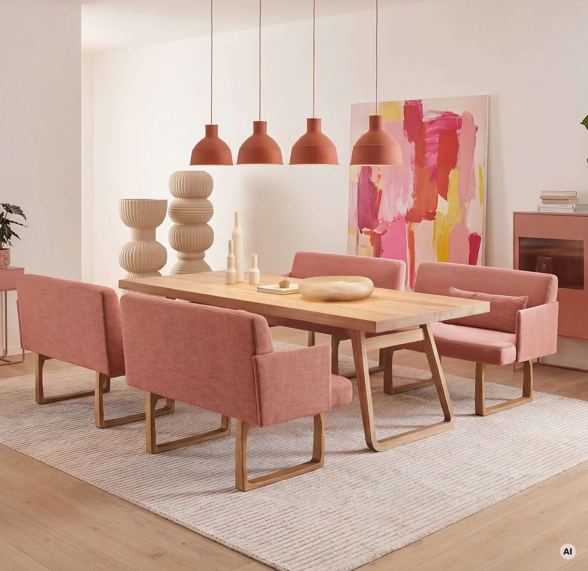 Esszimmerbank Lungo in den Bezügen Feincord Peach und Picasso Peach in Wohnambiente