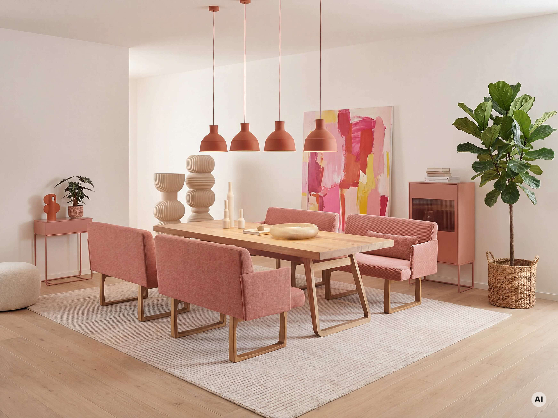 Esszimmerbank Lungo in den Bezügen Feincord Peach und Picasso Peach in Wohnambiente