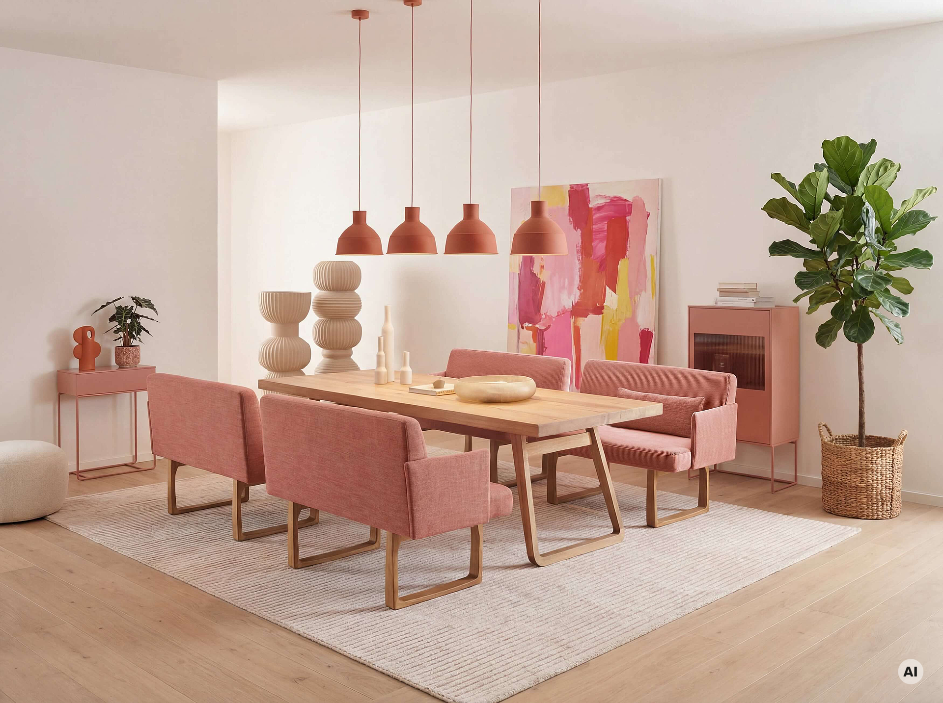 Esszimmerbank Lungo in den Bezügen Feincord Peach und Picasso Peach in Wohnambiente