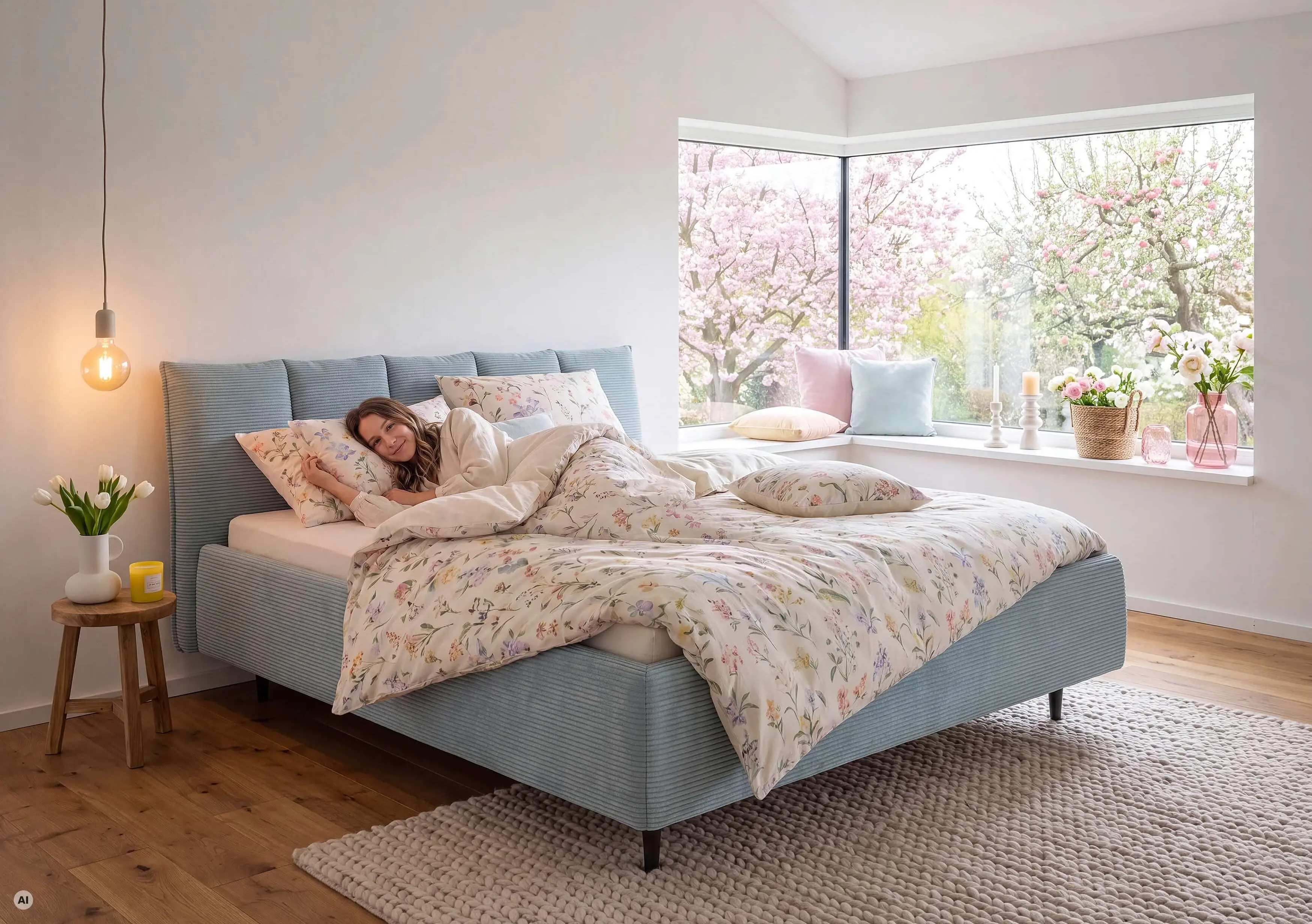 Doppelbett Maple in Bezug Cord in der Farbe Light Blue in Wohnambiente