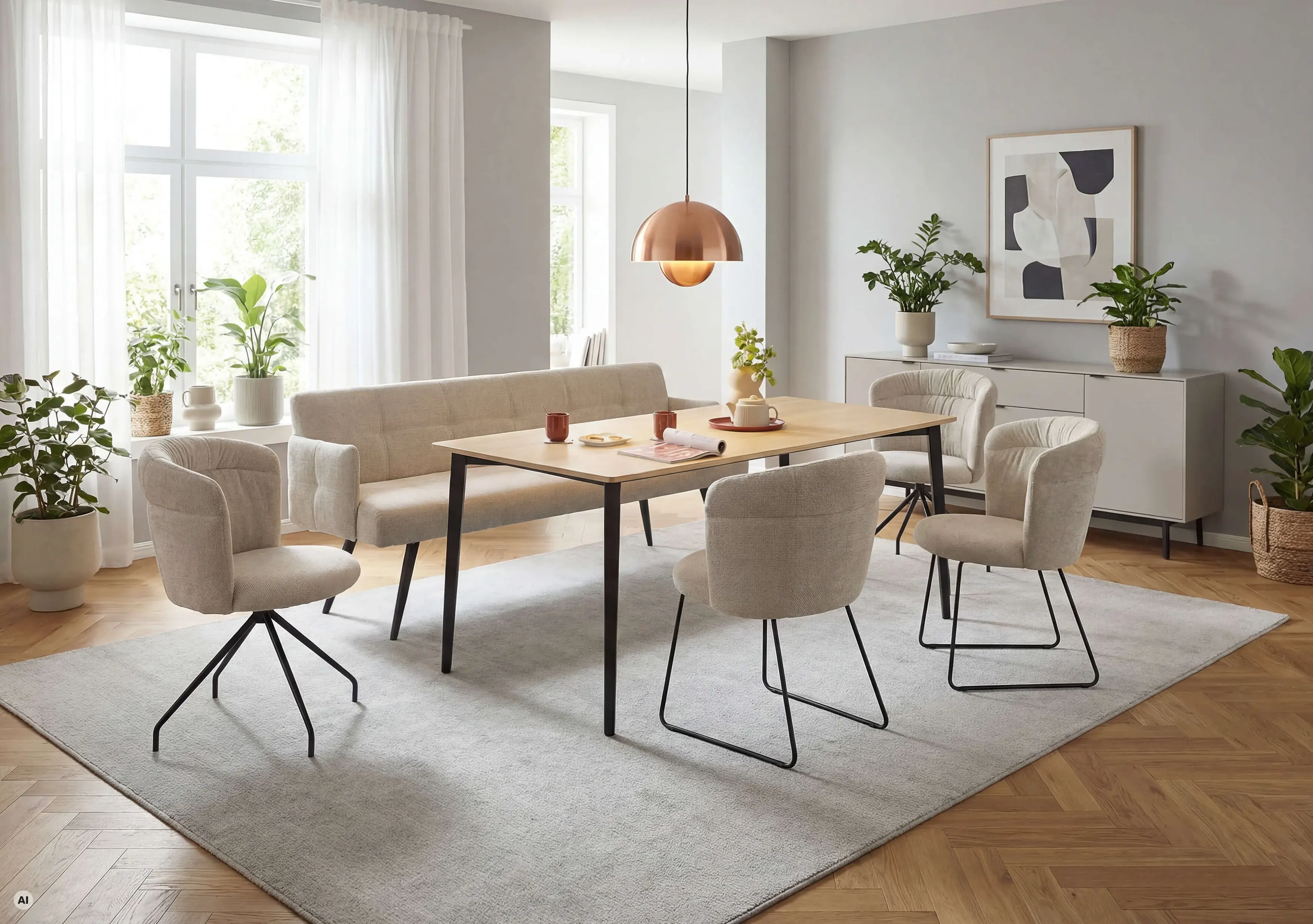 Merida dining bench and Picolla armchair, upholstered in Novara-Clean fabric in beige in a cosy atmosphere