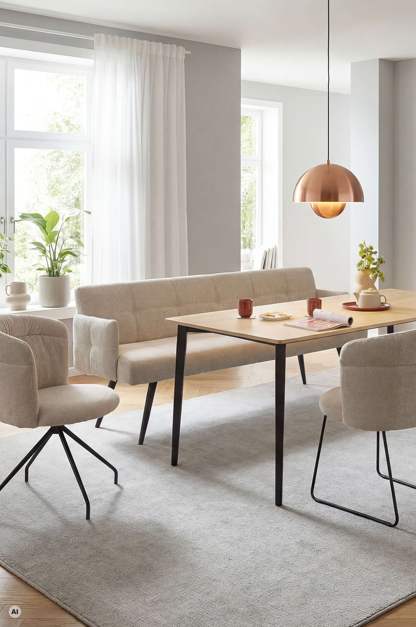 Esszimmerbank Merida und Armlehnenstuhl Picolla in Bezug Novara-Clean in der Farbe Beige in Wohnambiente