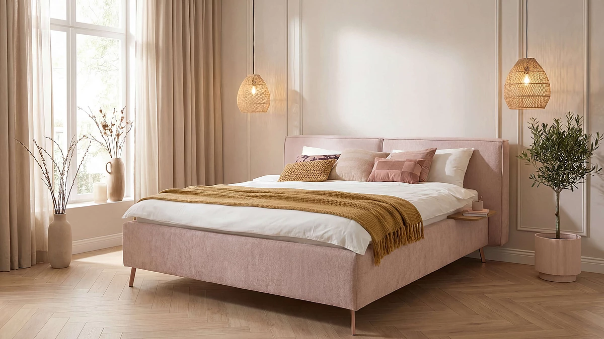Kelso double bed with a Novara Clean cover in pink in a cosy atmosphere
