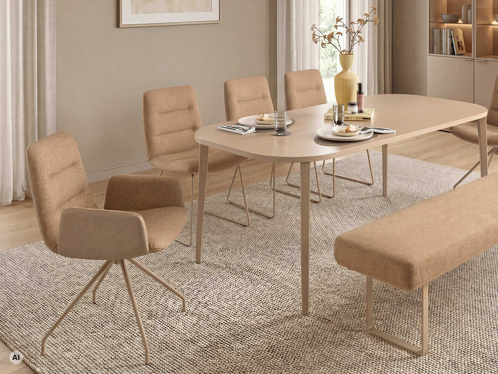Esszimmerbank Lungo und Armlehnenstuhl Russel in den Bezügen Salt'n'Pepper und Vicenza Taupe in Wohnambiente