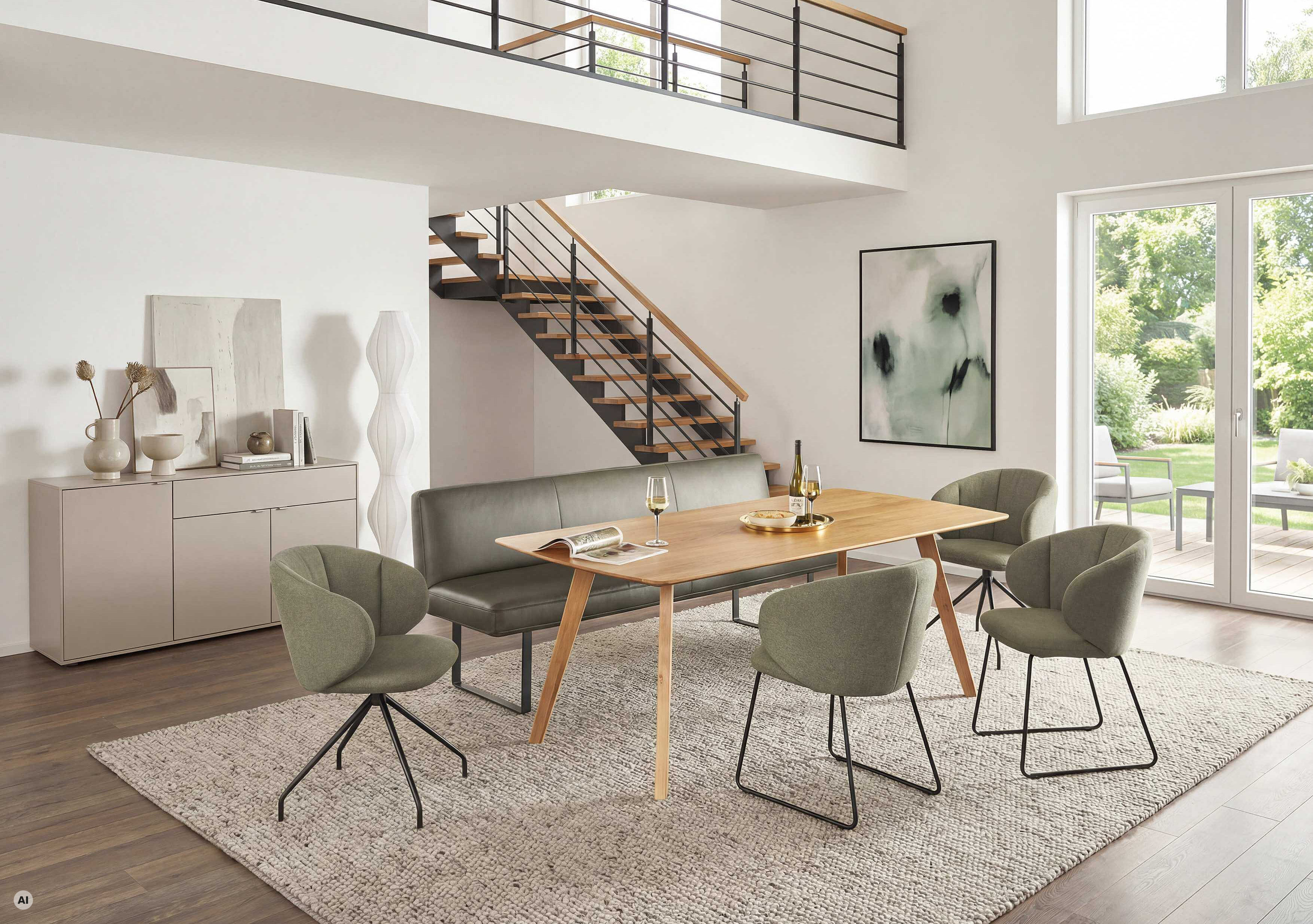 Jay chair in Bari upholstery in the colour Turtle and Lungo single bench in Vicenza upholstery in the colour Olive in a cosy atmosphere