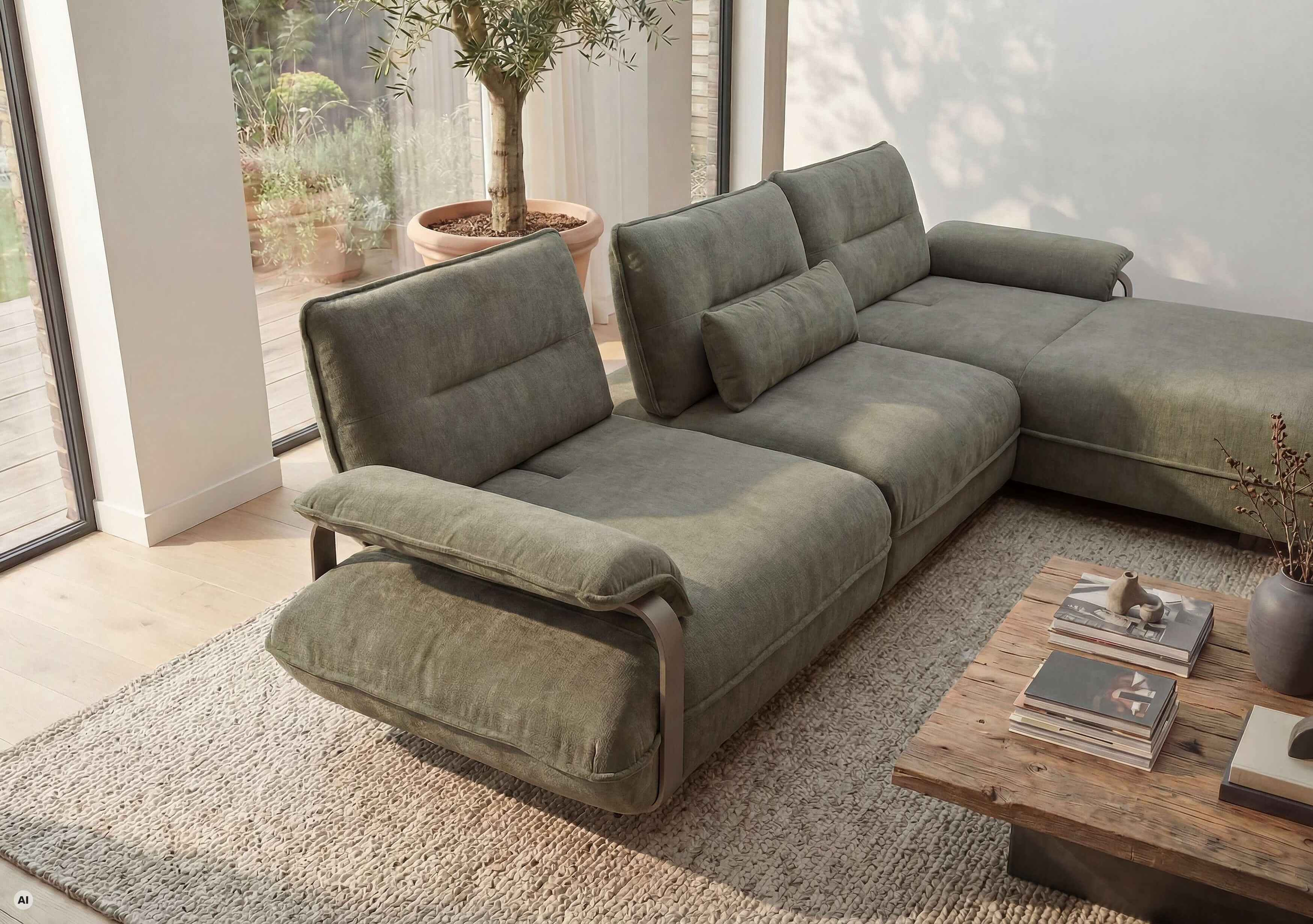 Ecksofa mit Ottomane Marvel in Bezug Roma in der Farbe Olive in Wohnambiente