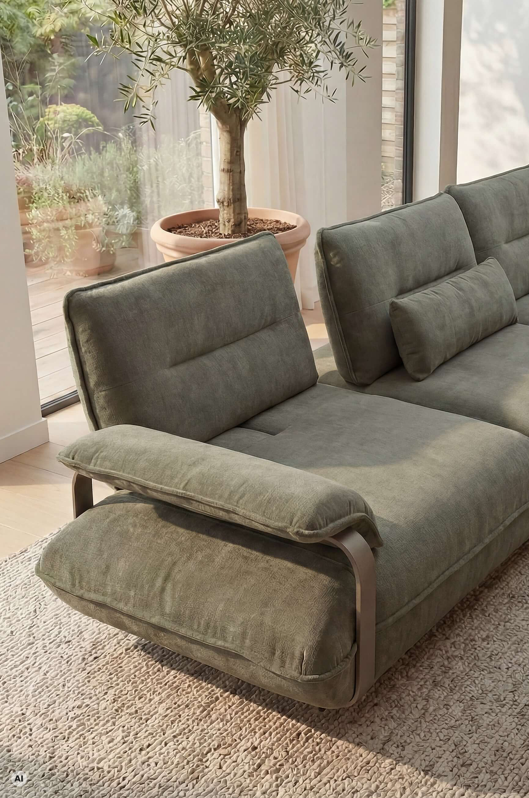 Marvel corner sofa with ottoman, upholstered in the Roma fabric in the colour Olive in a cosy atmosphere