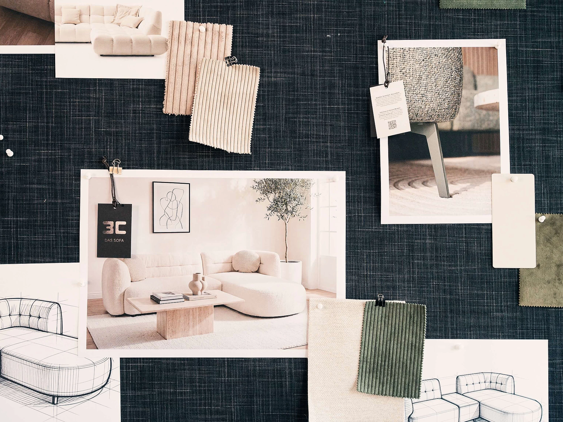 Moodboard mit Skizzen, Fotos und Stoffmustern aus der Polstermöbel-Entwicklung