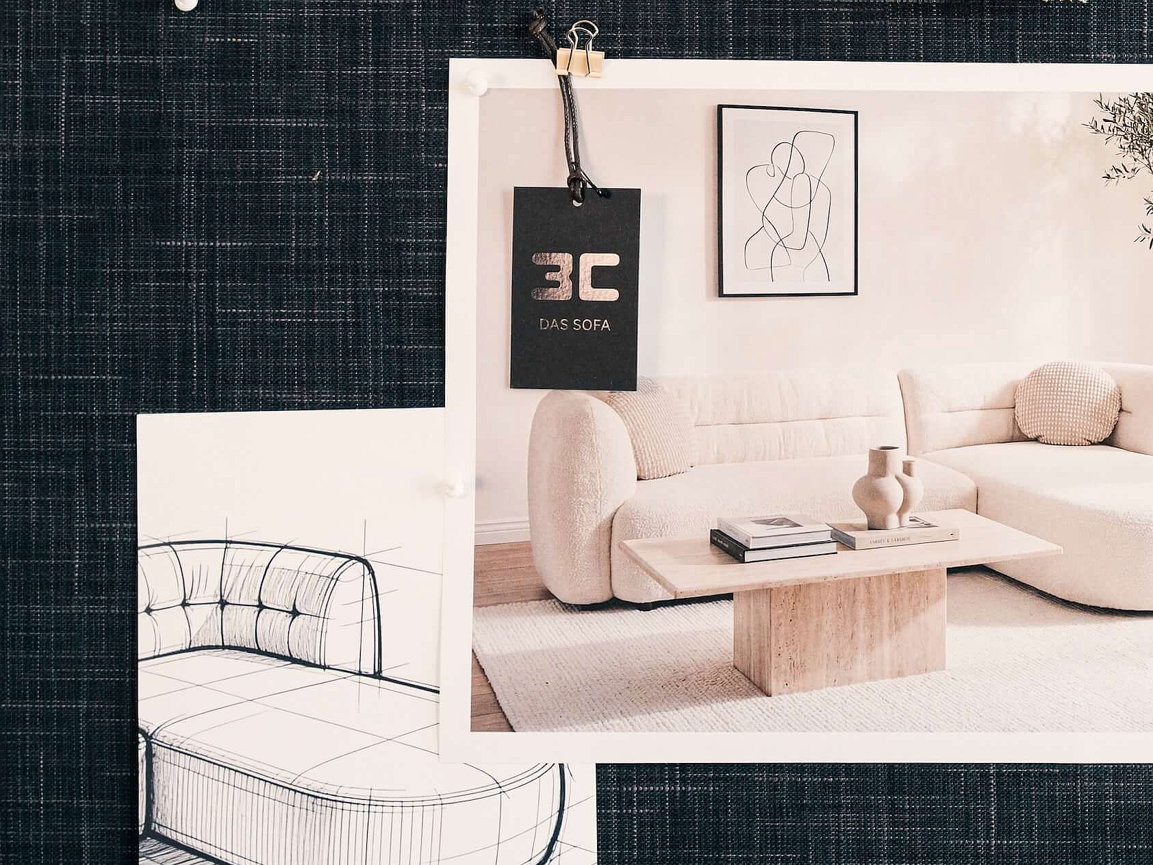 Moodboard mit Skizzen, Fotos und Stoffmustern aus der Polstermöbel-Entwicklung