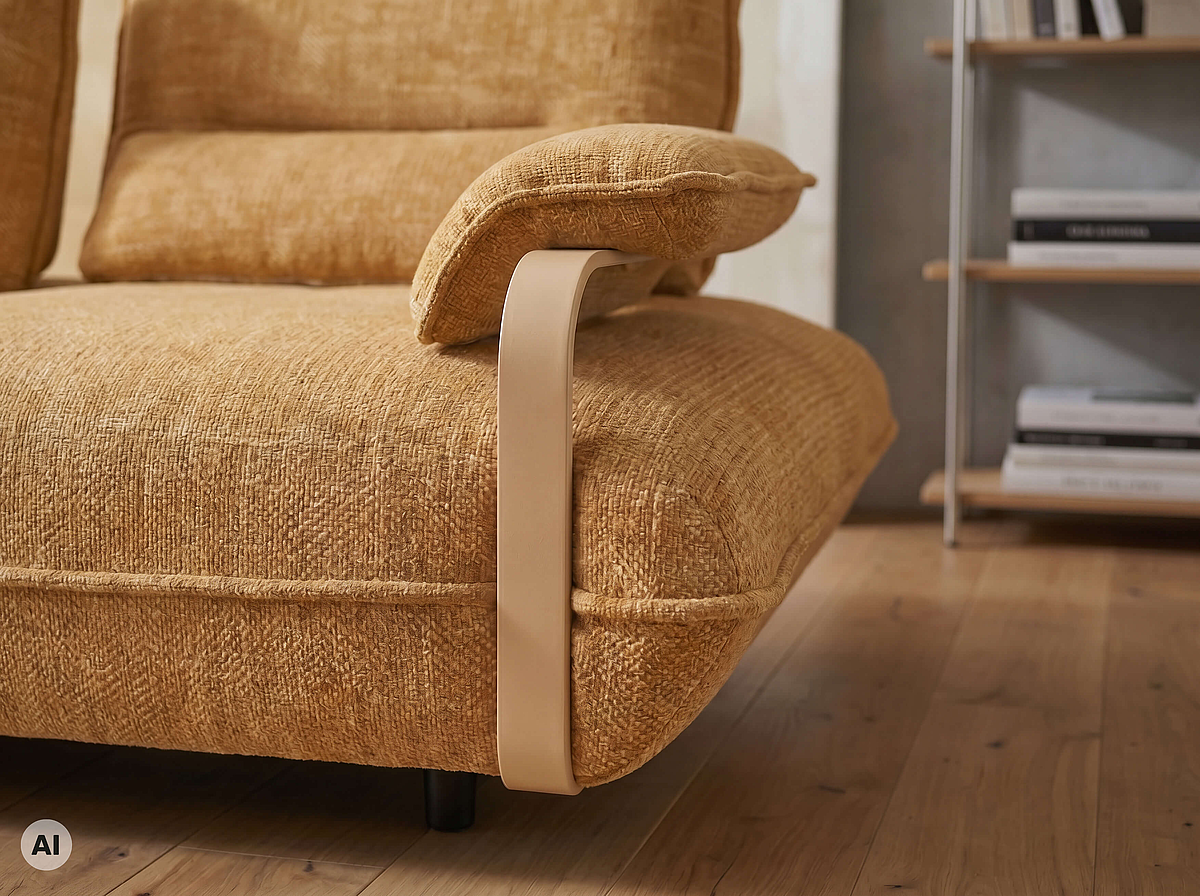 Detailsicht eines Einzelsofa in Bezug Milano in der Farbe Yellow und Gestell in Peach