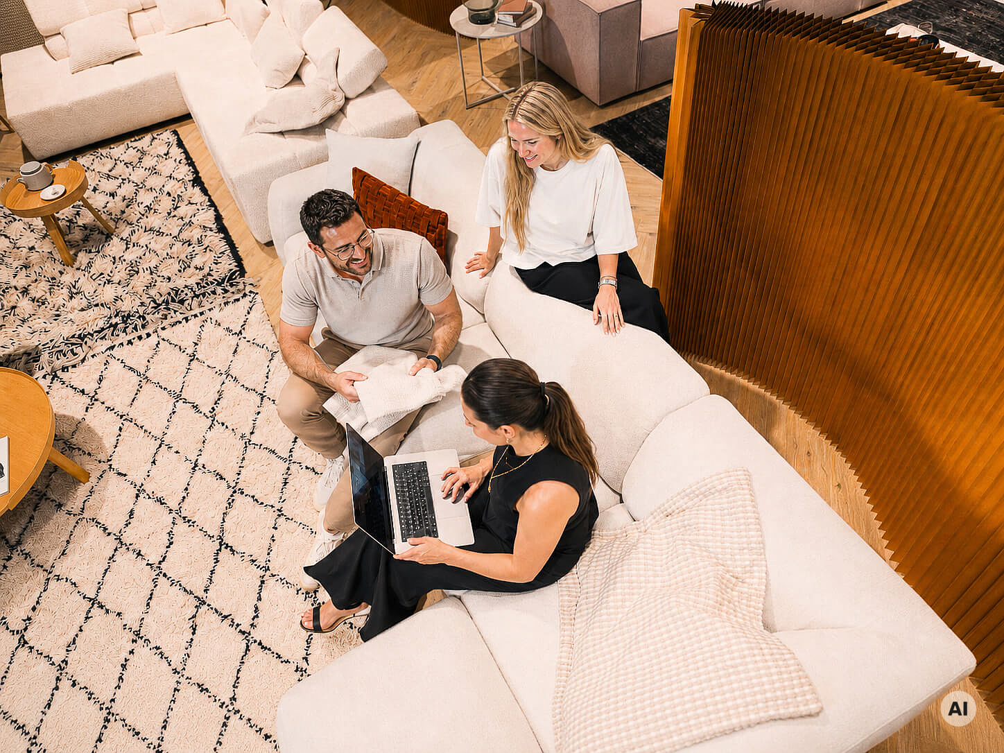 Vogelperspektive von Personen auf einem beigen Ecksofa im Showroom
