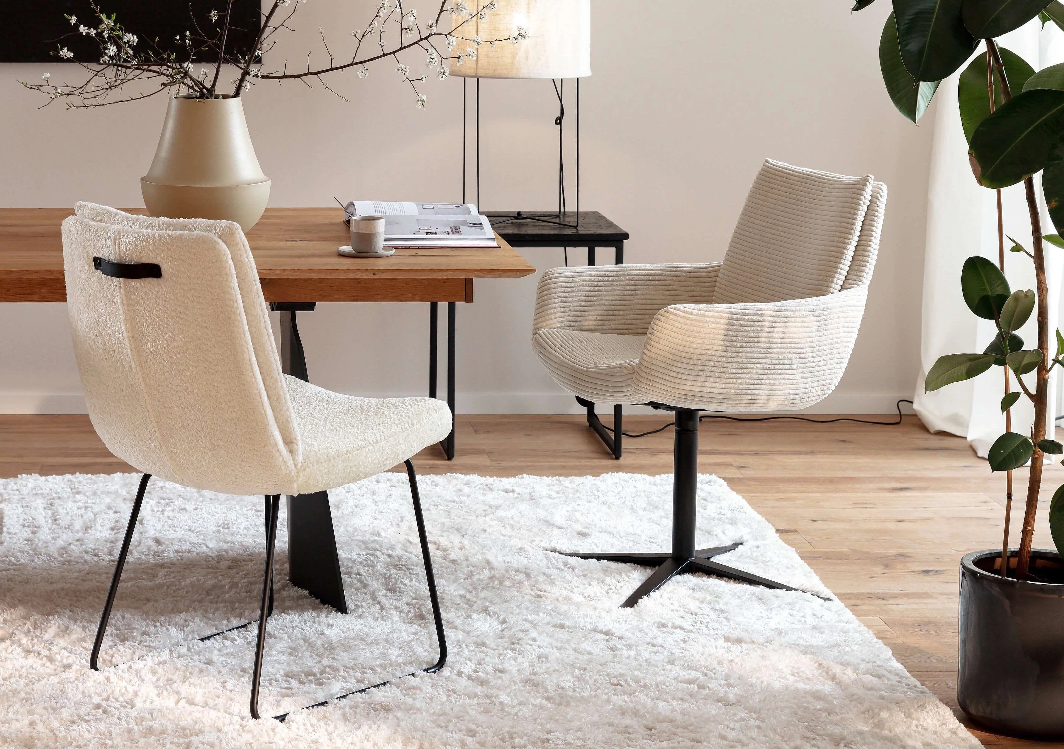 Neela chair in the Shaun White and Cord Nature upholstery options in a cosy atmosphere