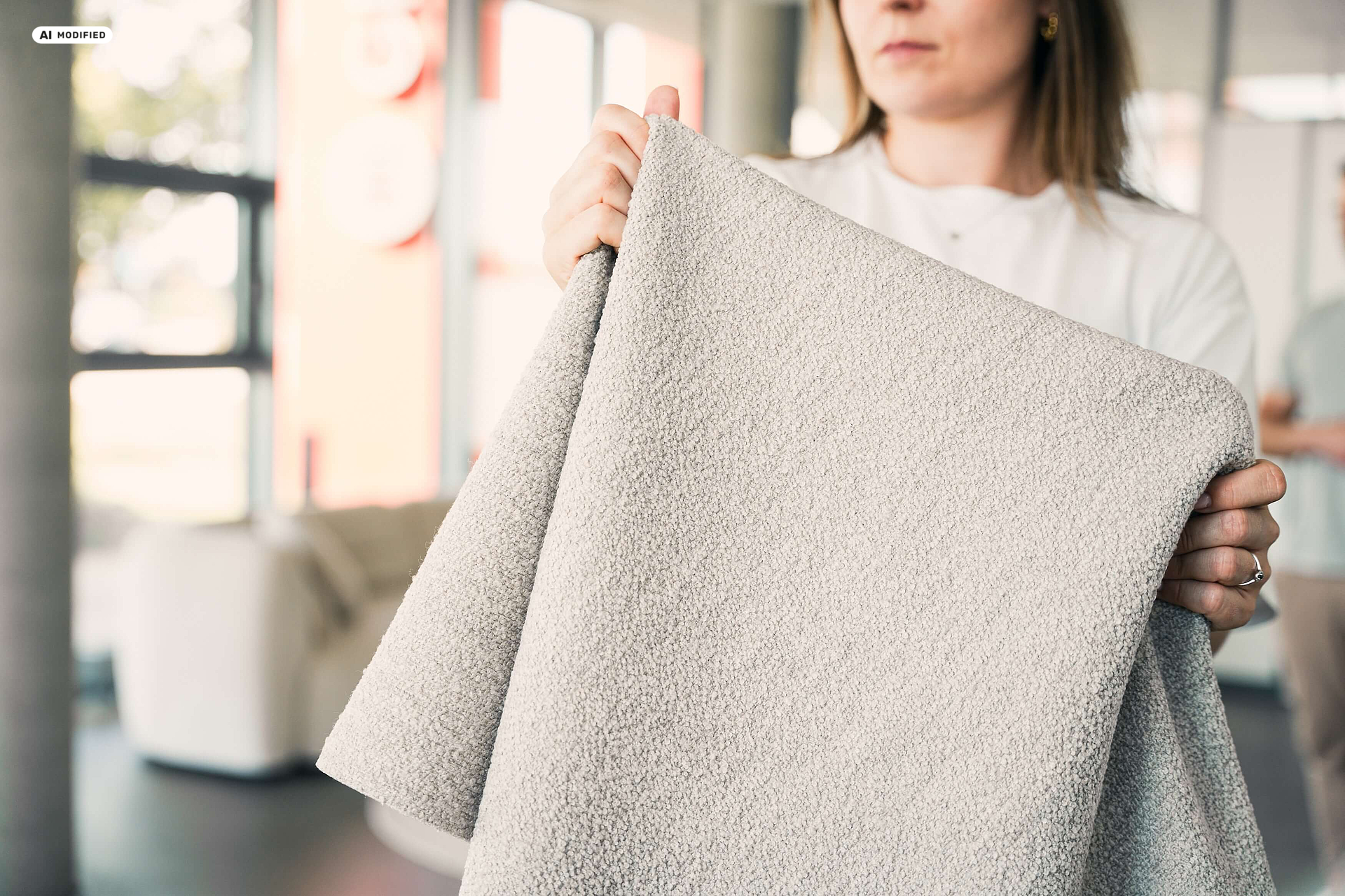 A person is holding a fabric sample with a textured surface in front of them in the showroom