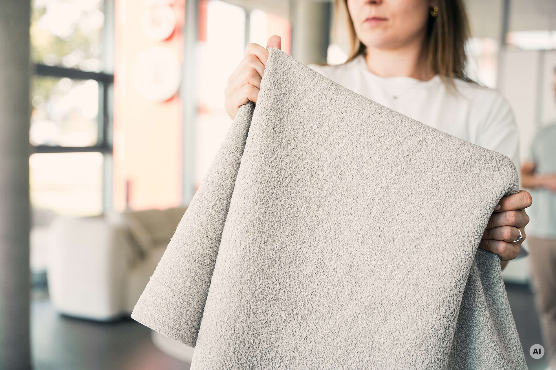 Eine Person hält im Showroom ein Stoffmuster mit strukturierter Oberfläche vor sich