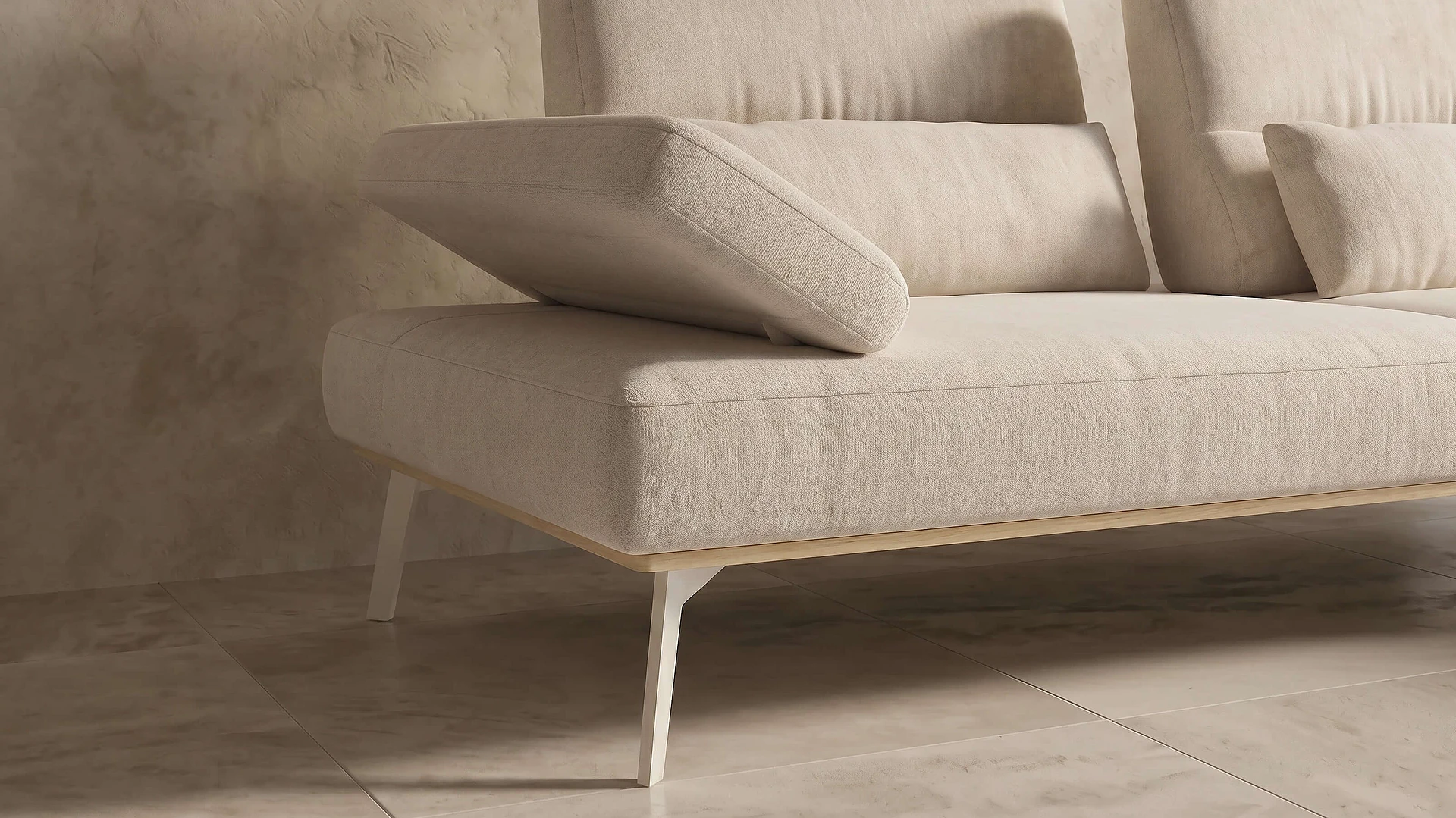 A close-up of the Tomeo corner sofa in the Roma fabric, in the colour Nature