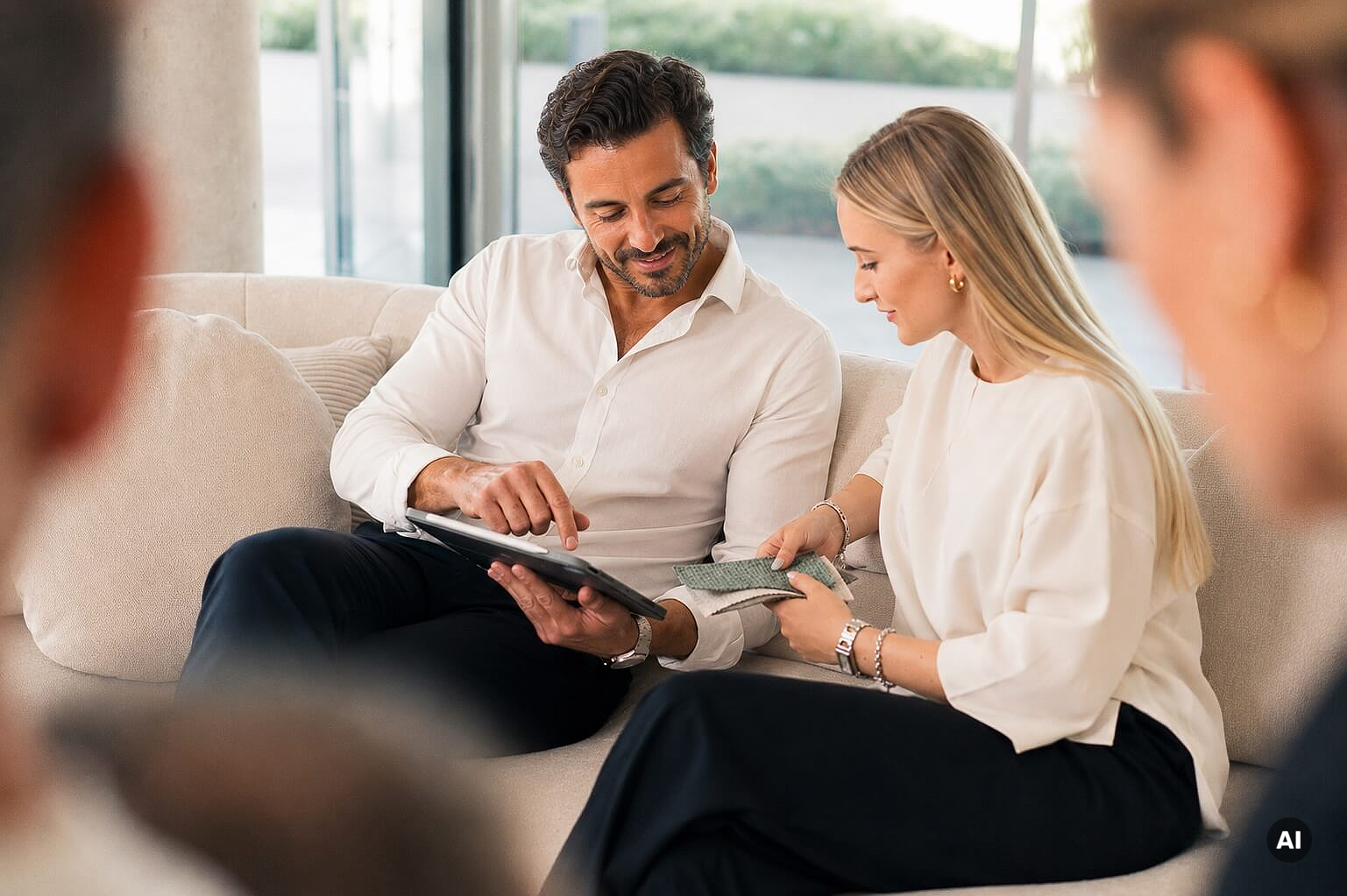 Mitarbeiter mit Stoffmuster und Tablet auf einem Sofa im Showroom