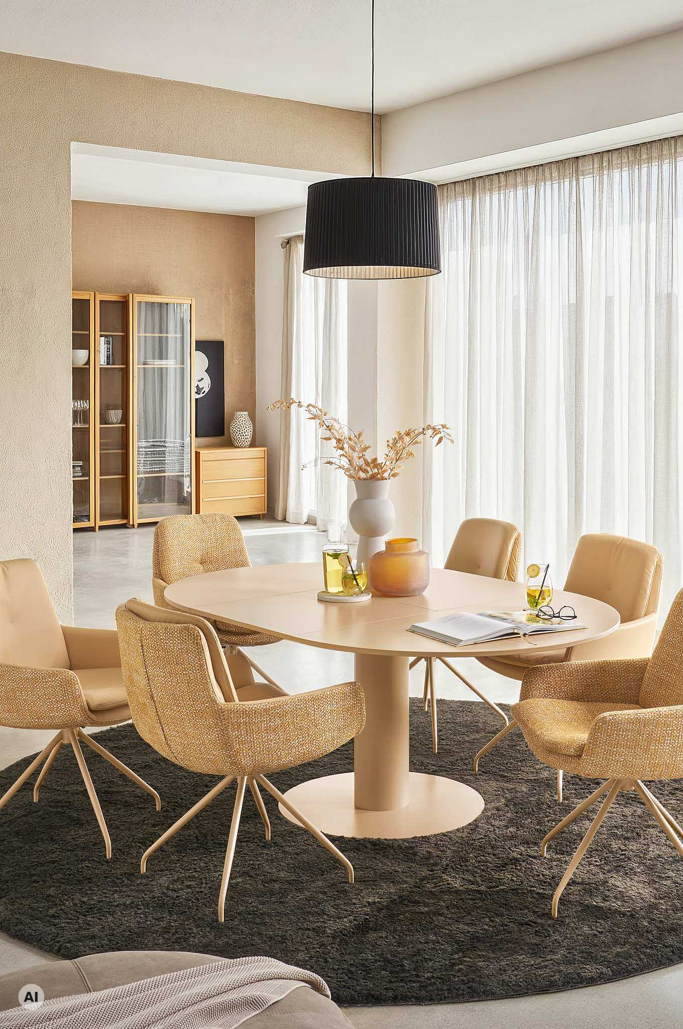 Biloxi chair in Milano Yellow and Cento Cipria upholstery with a Peach frame in a cosy atmosphere