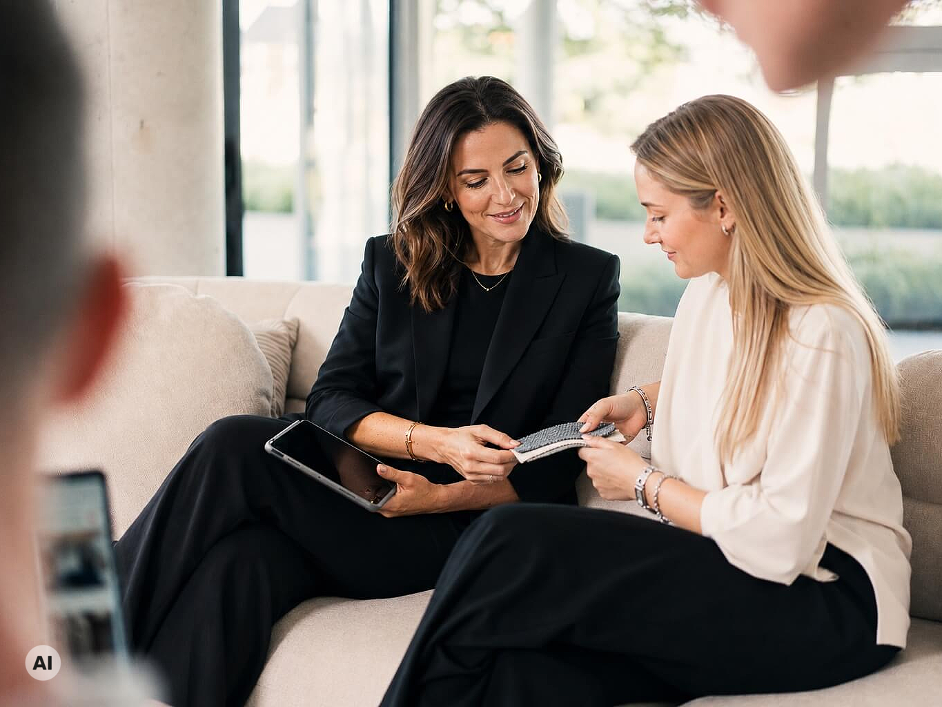 Zwei Mitarbeiterinnen mit Stoffmuster und Tablet auf einem Sofa im Showroom