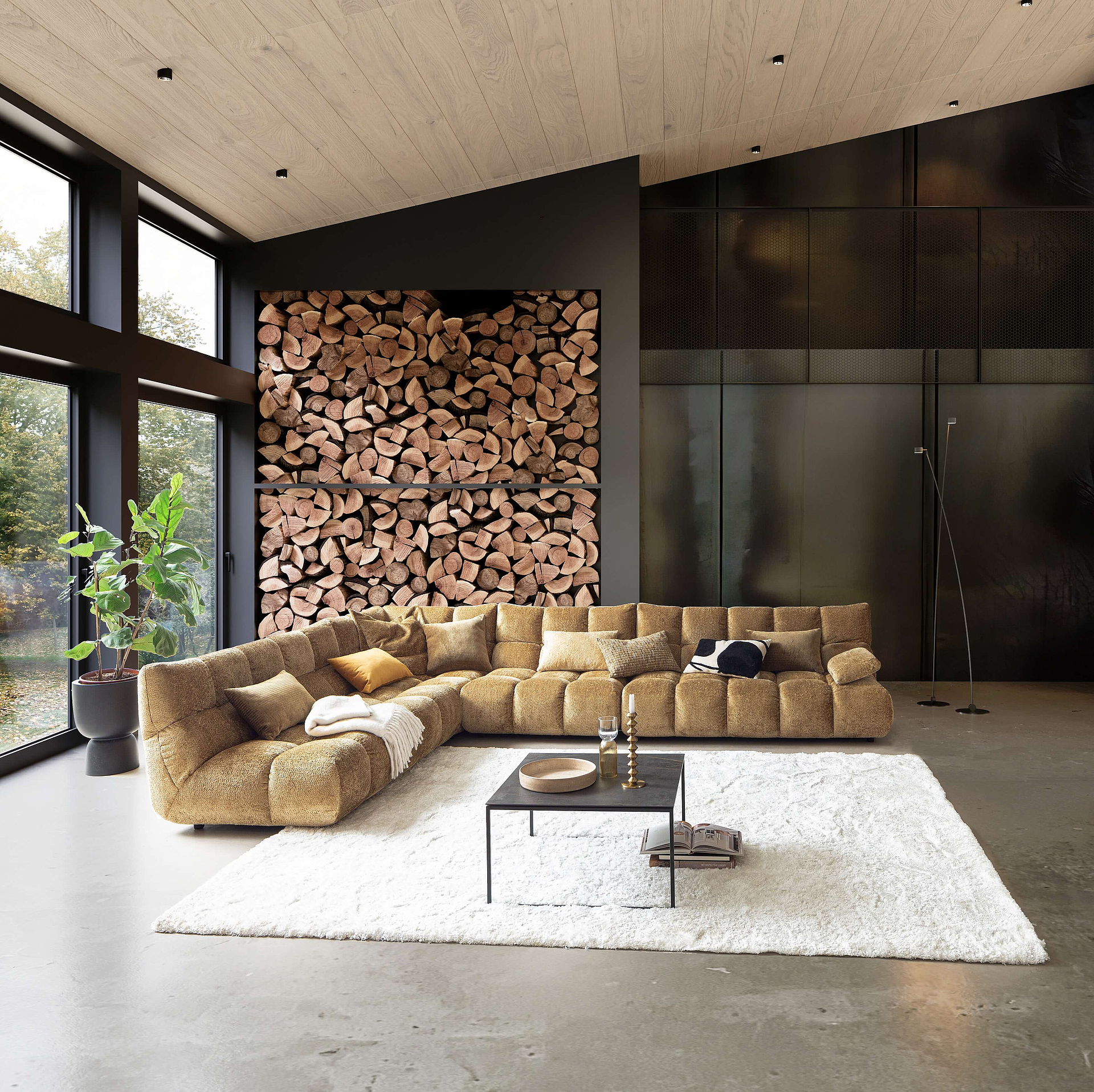 Ecksofa in Bezug Shaun in der Farbe Old Gold in Wohnambiente