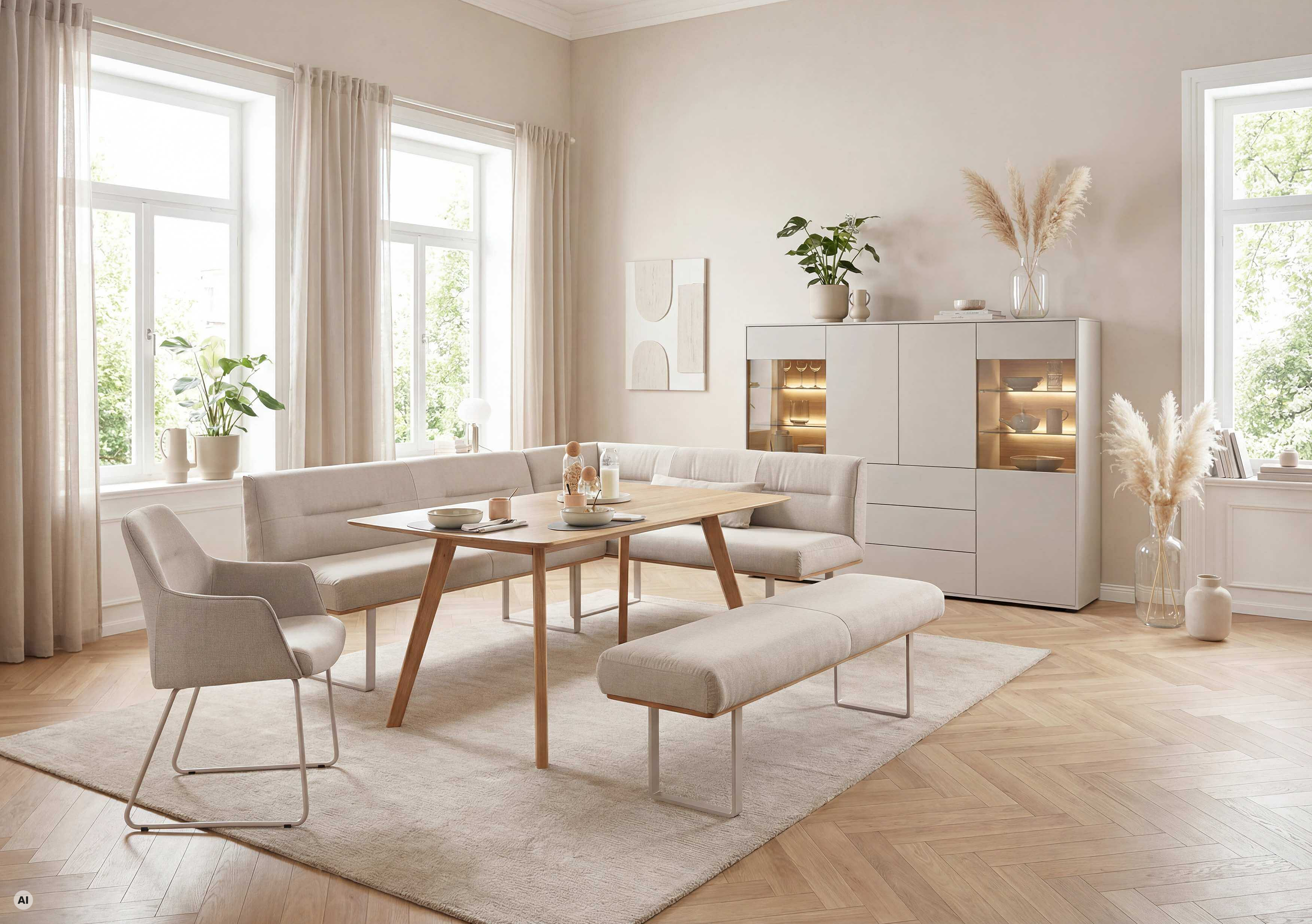 Oaklyn bench and chair, upholstered in Mono in the Nature colour in a cosy atmosphere