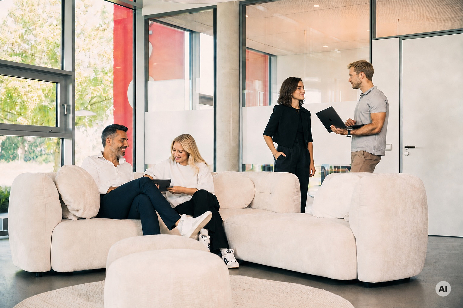 Zwei Gesprächspaare mit Tablets an und hinter einem Sofa