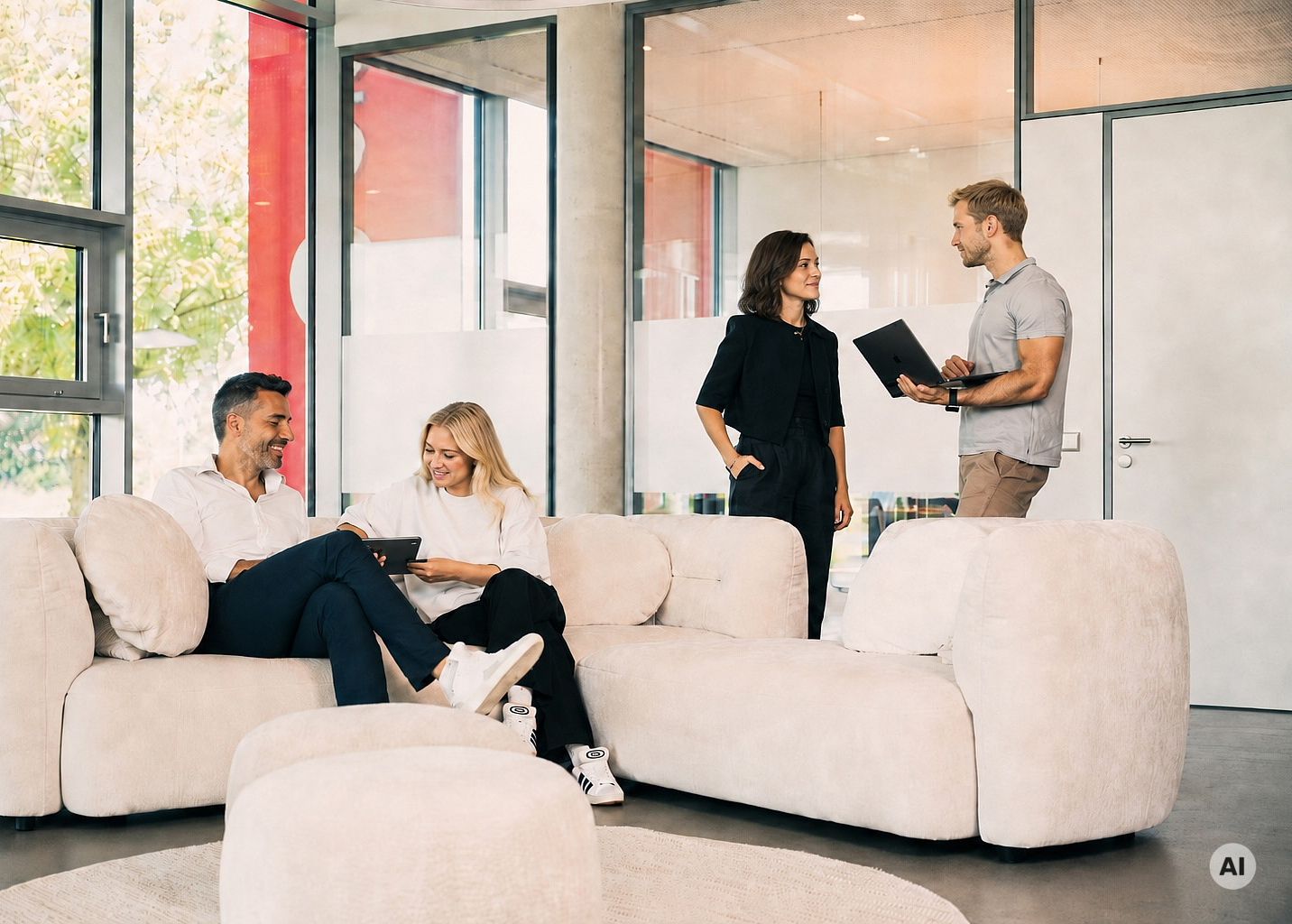 Two pairs of people in conversation, with tablets in front of and behind a sofa