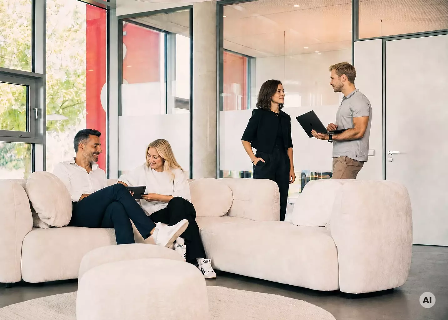 Two pairs of people in conversation, with tablets in front of and behind a sofa