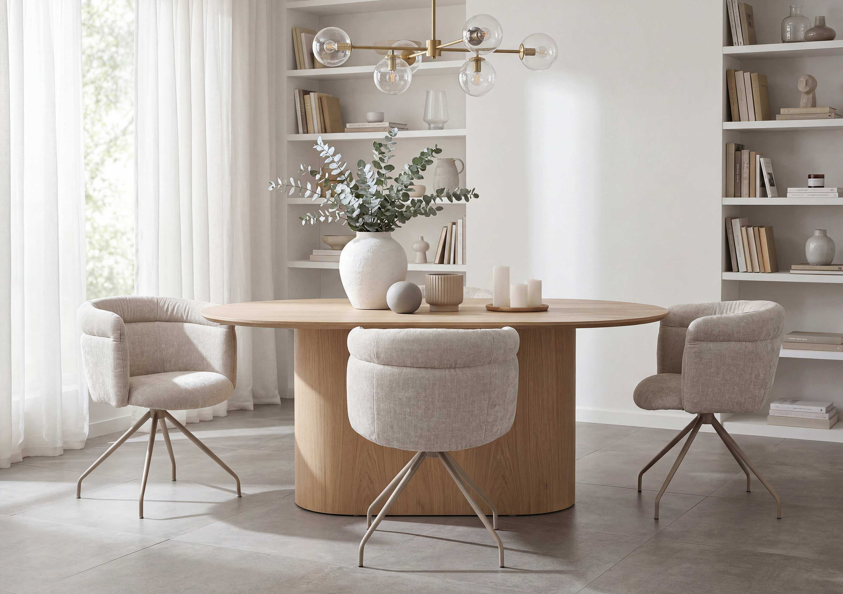Belly seating set in Yelda upholstery in the colour Nature with a Toffee-coloured frame in a cosy atmosphere
