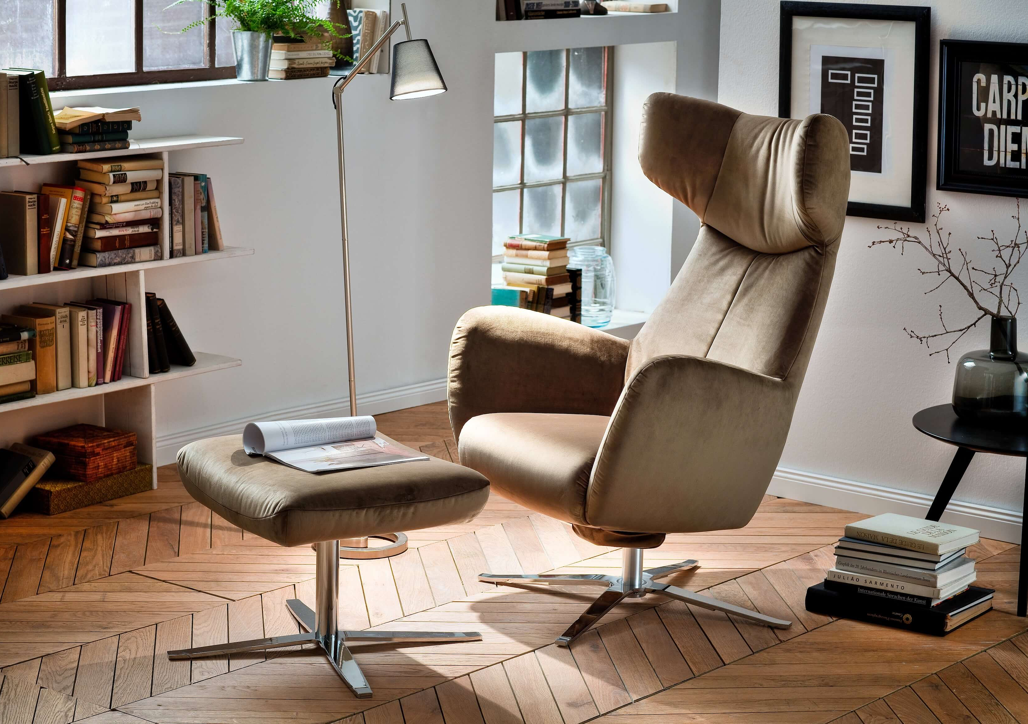 Cooper armchair with stool, upholstered in olive-colored velvet